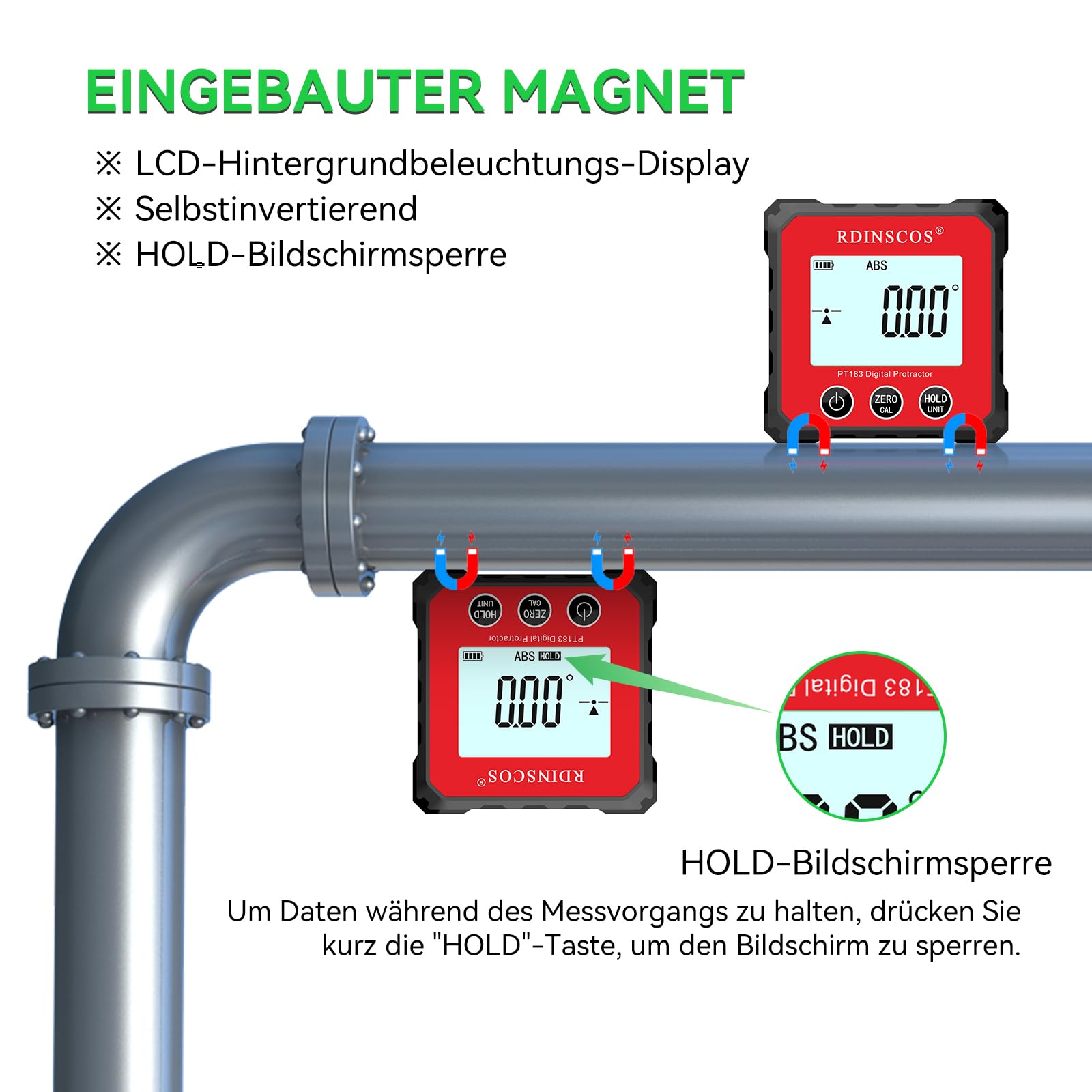 Digitaler LCD Winkelmesser Neigungsmesser Wasserwaage Inklinometer Magnetfuss Winkelmesswerkzeug Mini Bevel Box mit Display Flip Funktion für Zimmermann, Zuhause (RED)