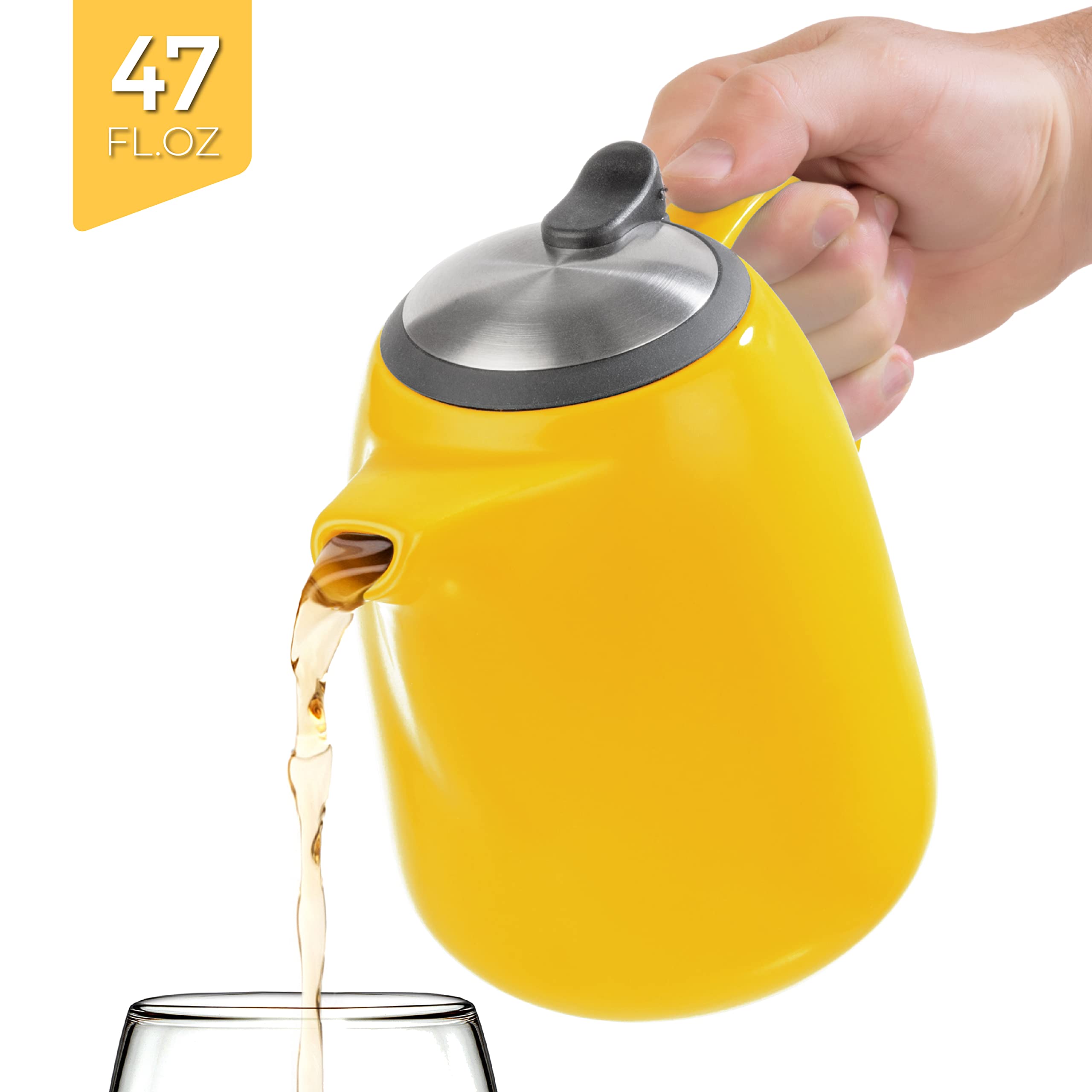 Tealyra - Daze Ceramic Large Teapot Yellow - 47-ounce (6-7 cups) - With Stainless Steel Lid Extra-Fine Infuser for Loose Leaf Tea