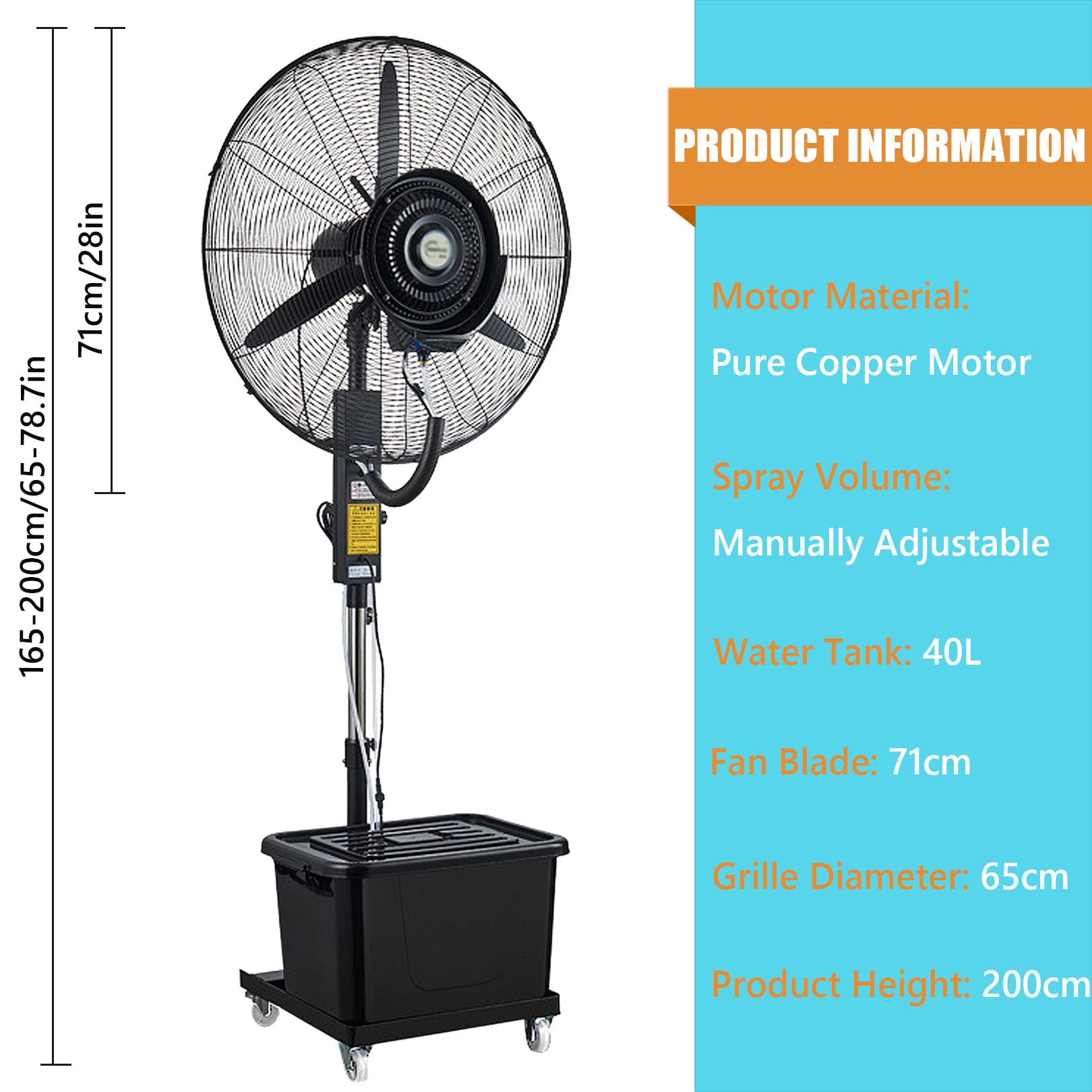 Ventilatore nebulizzatore da esterno, ventilatore oscillante portatile a piedistallo con serbatoio dell'acqua da 42 litri, per campeggio e patio, altezza regolabile, ventilatore per nebbia di