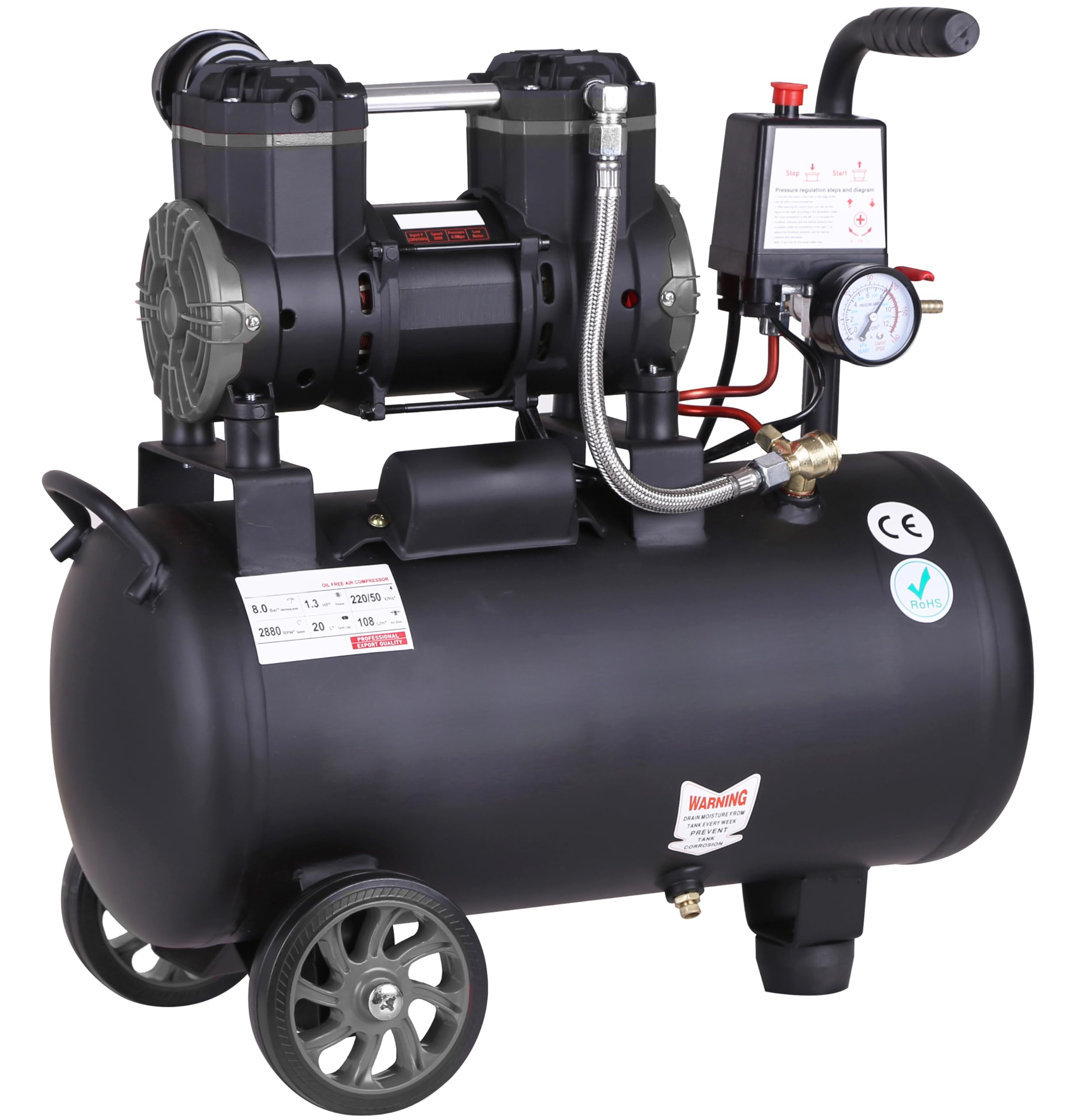 Compresor de aire profesional con certificado CE SILENCIOSO, 24 litros 1.3 CV 980W 8 Bares