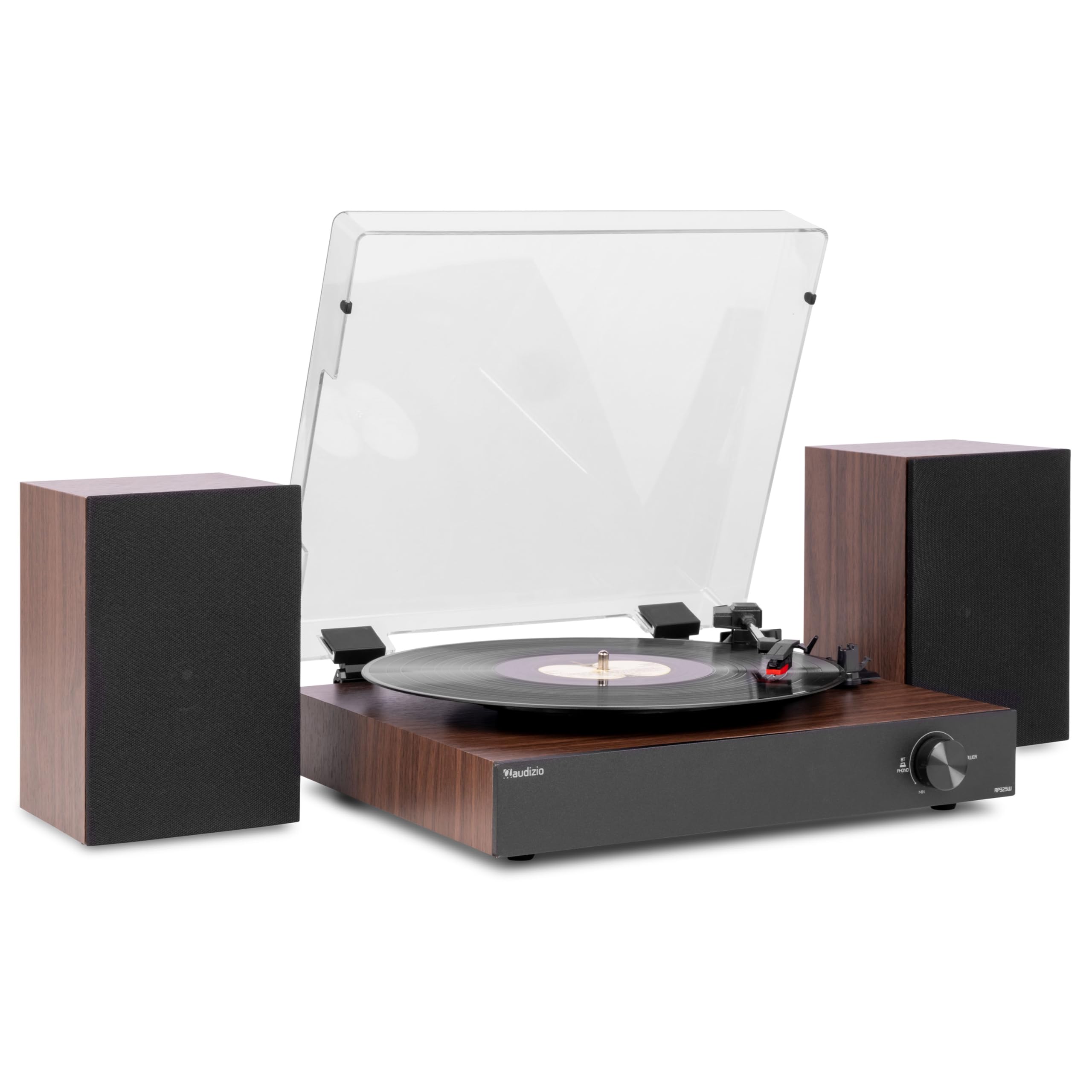 Audizio RP325W – Tocadiscos de Vinilo con Altavoces 60W, Bluetooth in/out, 3 velocidades, reproducción 7/10/12”, diseño en Madera, tracción por Correa y Salida RCA para Sistemas HiFi – Color marrón