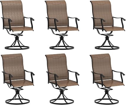 LVUYOYO Patio Swivel Chairs Set of 6, Outdoor Dining Chairs with High Back, All-Weather Rocker Chair with Textilene & Metal Frame for Lawn, Garden, Porch, Backyard Brown