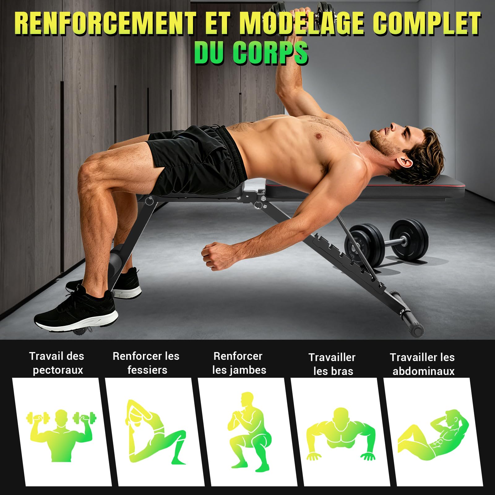 Banc de musculation Réglable pour Salle de Sport à Domicile, Certifié pour une Charge Maximale de 200 kg, Pré-assemblé à 98%, Banc Musculation Pliable avec 7 Positions