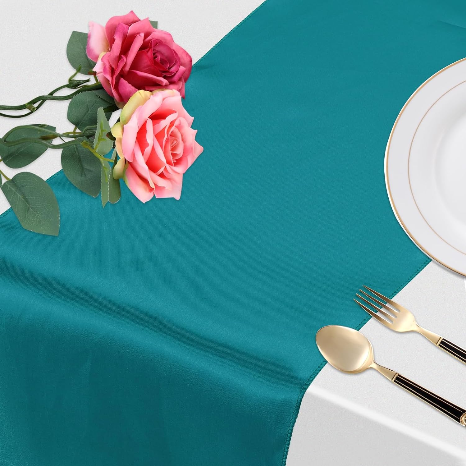 uxcell 12 Pcs Peacock Blue Satin Table Runner 12" x 108" Romantic Silk Table Runner Smooth Fabric Table Runner Decorations for Wedding Dining Birthday Party (9ft)