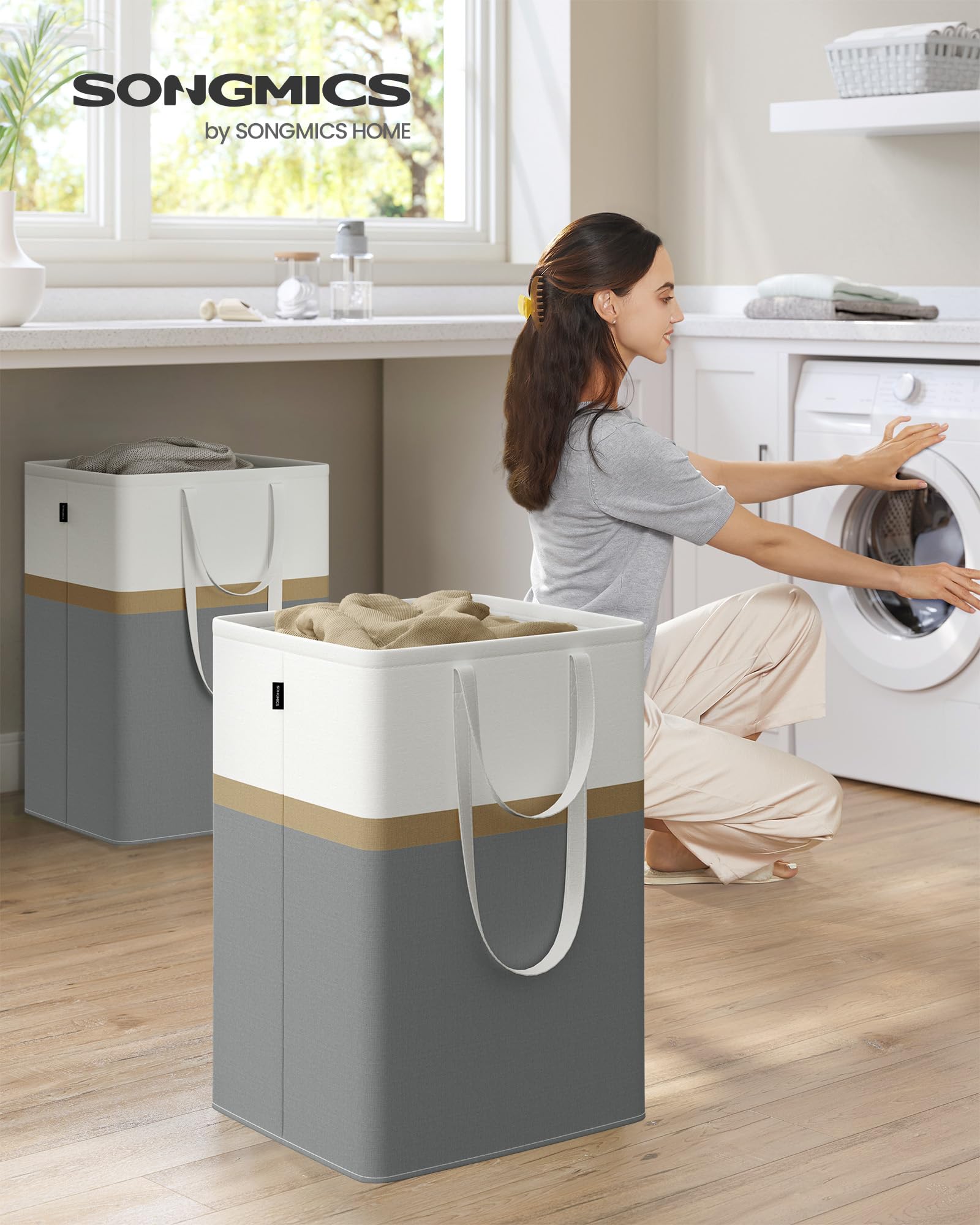 SONGMICS Set of 2 laundry basket, 110 L Washing Basket, Laundry Bag Hamper with Short and Long Handles - Image 2