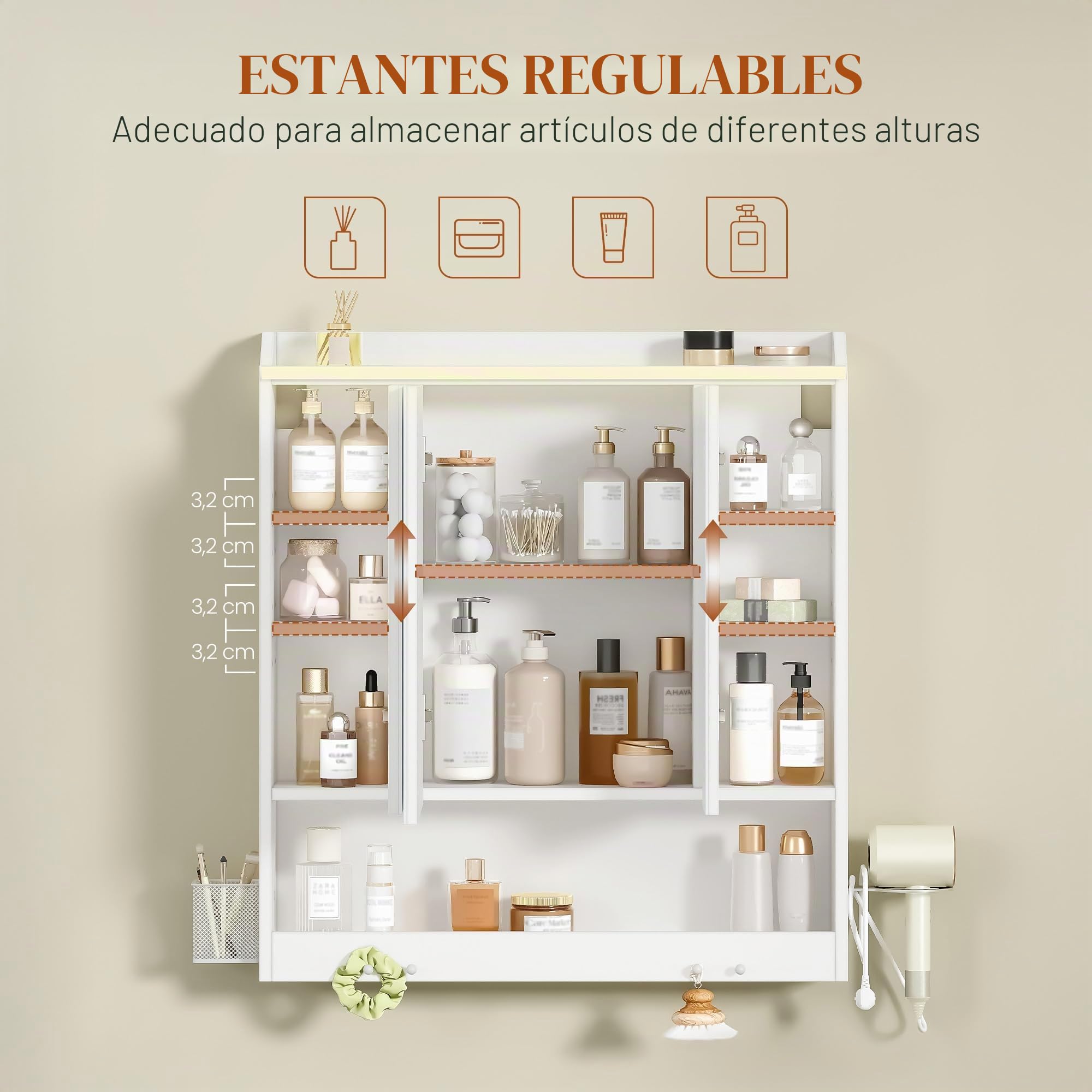 HEXCELEN Armario de Baño con Espejo y Luz LED, Armario de Pared, Compartimento Abierto, Estante Interior Ajustable, Mueble Espejo de Pared, Blanco, 15 x 70 x 78,8 cm 590303X