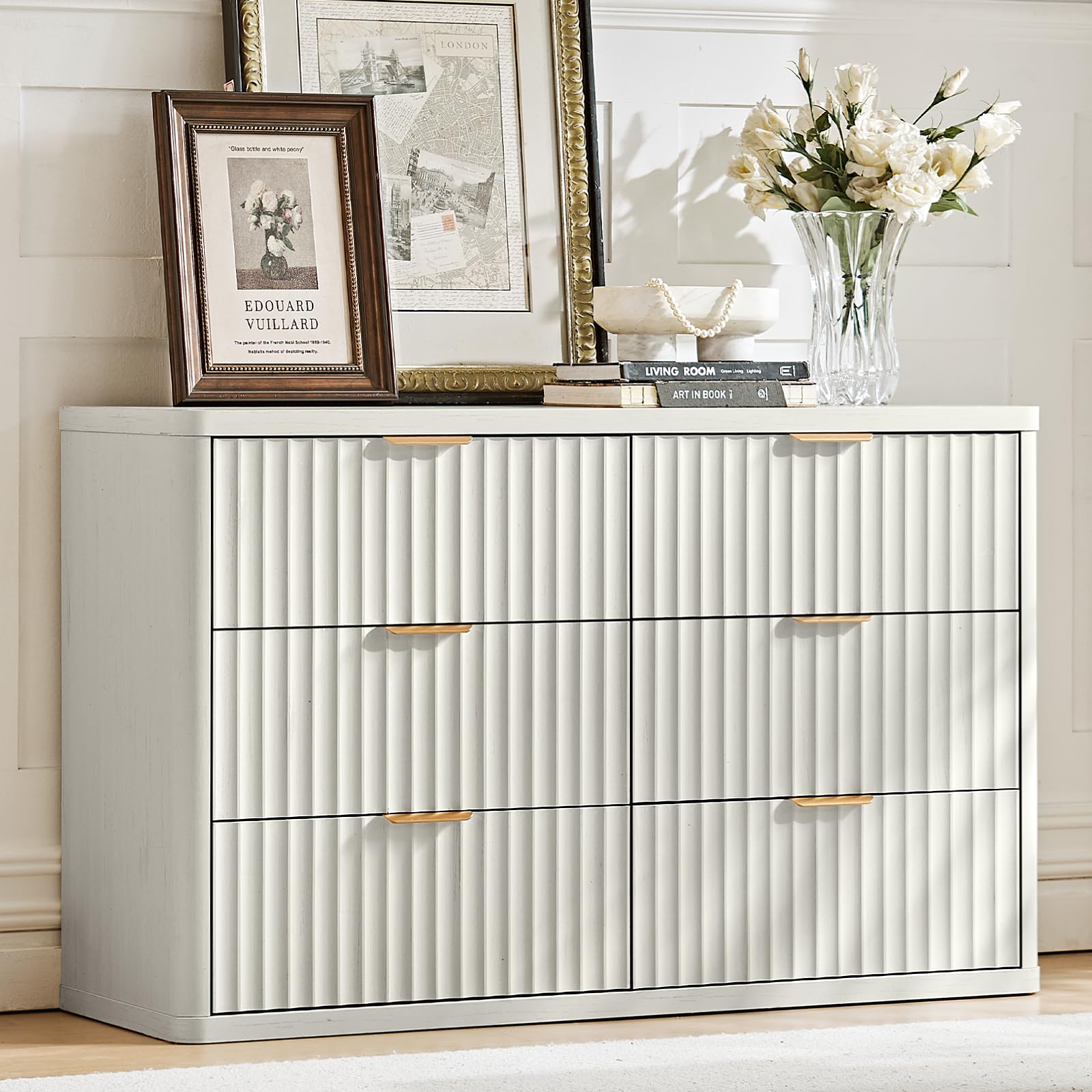 LEYAOYAO 48" Fluted 6 Drawers Dresser, Modern Curved Profile TV Stand Chest for Bedroom & Living Room