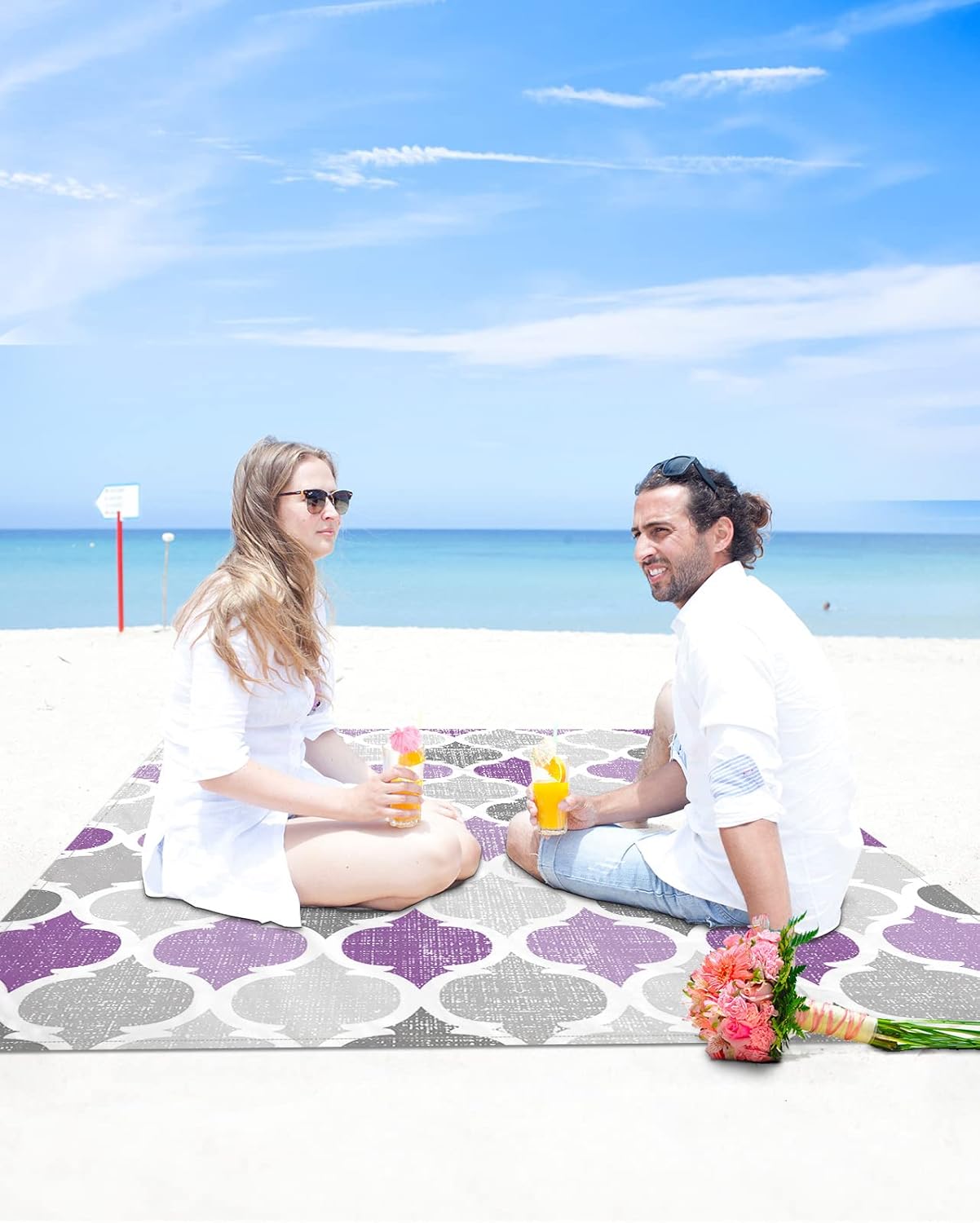 Purple Grey Morocco Lattice Beach Blanket Waterproof Sandproof Outdoor Picnic Mat 95"x80" Geometric Plaid Lightweight Large Beaach Blankets with 4 Stake & 4 Corner Pockets