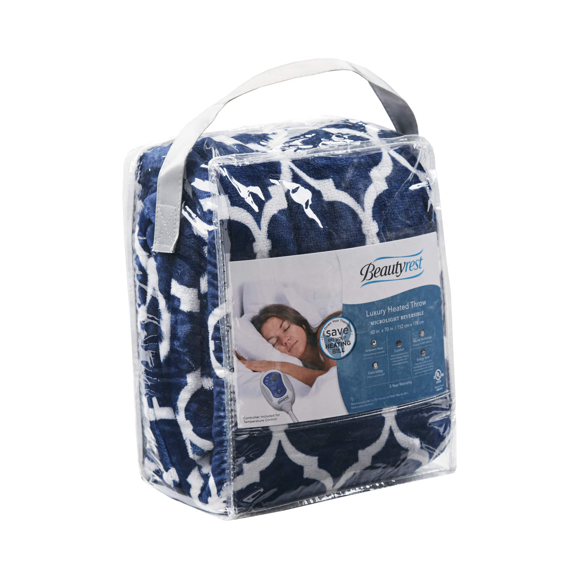 Amazon.com: Beautyrest Ogee Printed Plush Electric Blanket for Cold  Weather, Fast Heating, Auto Shut Off, Virtually Zero EMF, Multi Heat  Setting, UL Certified, Machine Washable, Indigo Oversized Throw 60x70 :  Home u0026