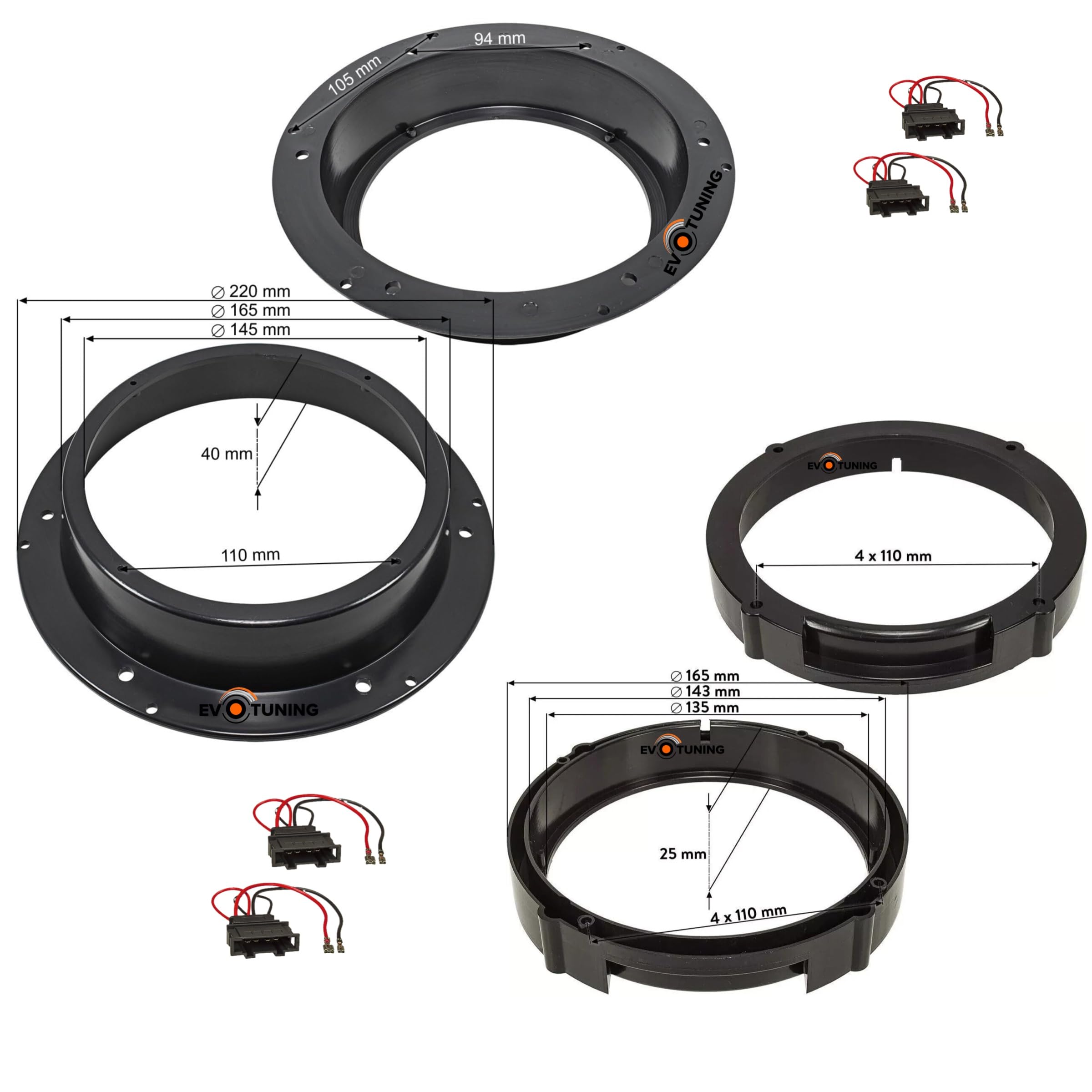 Kit 6 Casse Altoparlanti per VW Tiguan dal 2007 al 2024 compatibile con Hertz K165+X165 Anteriori e Posteriori con Set 4 Anelli + 4 Connettori Adattatori