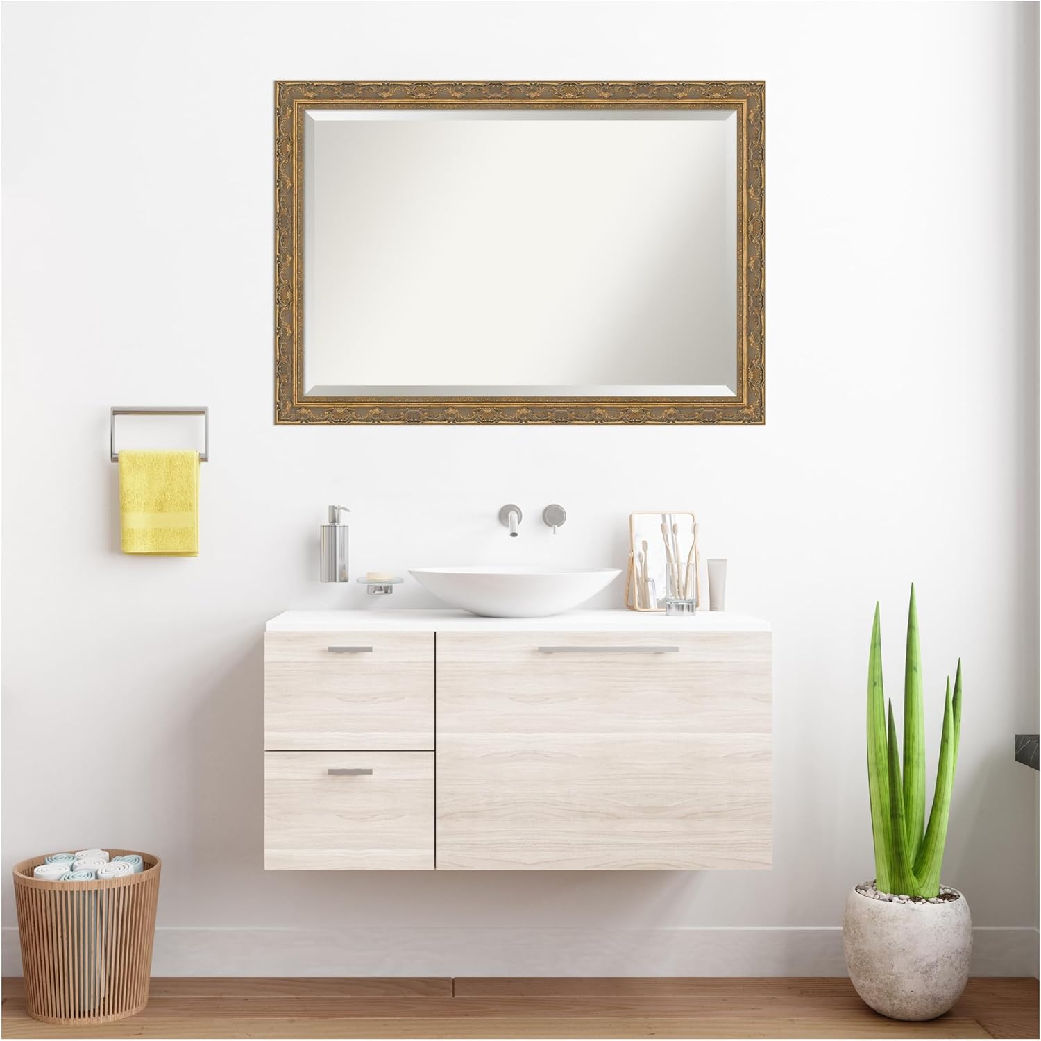 Amanti Art Gold Bathroom Mirror for Over Sink, 28x40 Filigree Gold Rectangle Vanity Mirror, Large Traditional Frame, Hangs Horizonally and Vertically, Bathroom Wall Decor, Beveled Edge