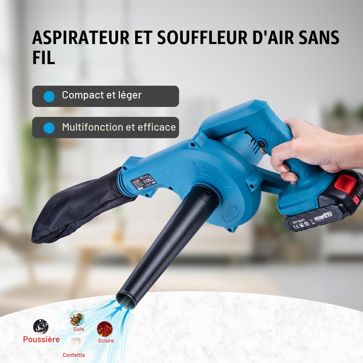 KATSU FIT-Bat 21V Souffleur de Feuilles sans Fil avec 1.5 Ah Batterie et Chargeur, Souffleur d'air électrique Portable Aspirateurs pour Jardin l'entretien Pelouse (Budget)