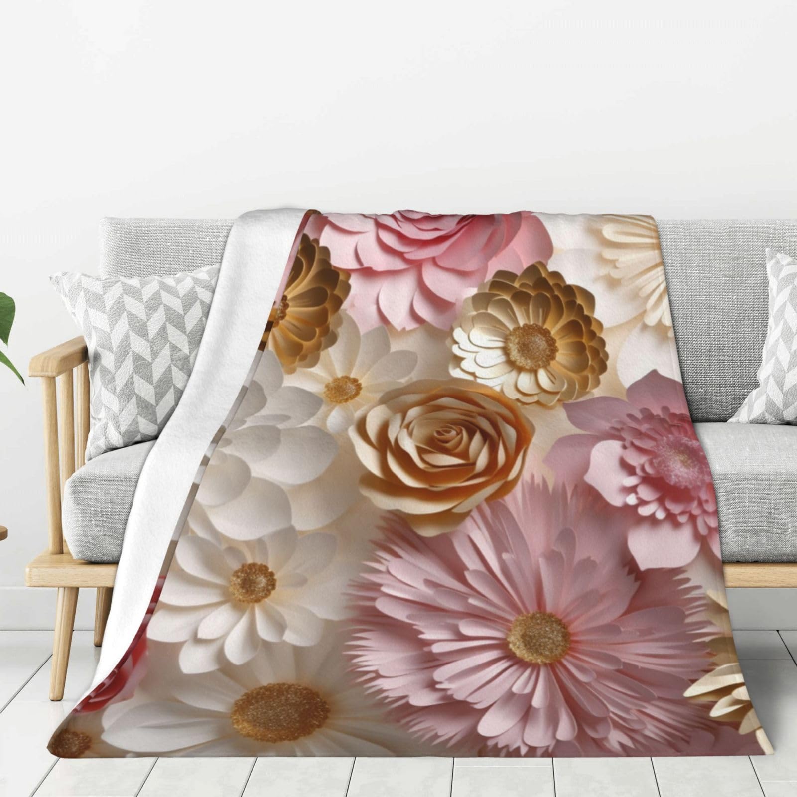 Couverture en flanelle motifs fleurs dorées jeté de canapé chic