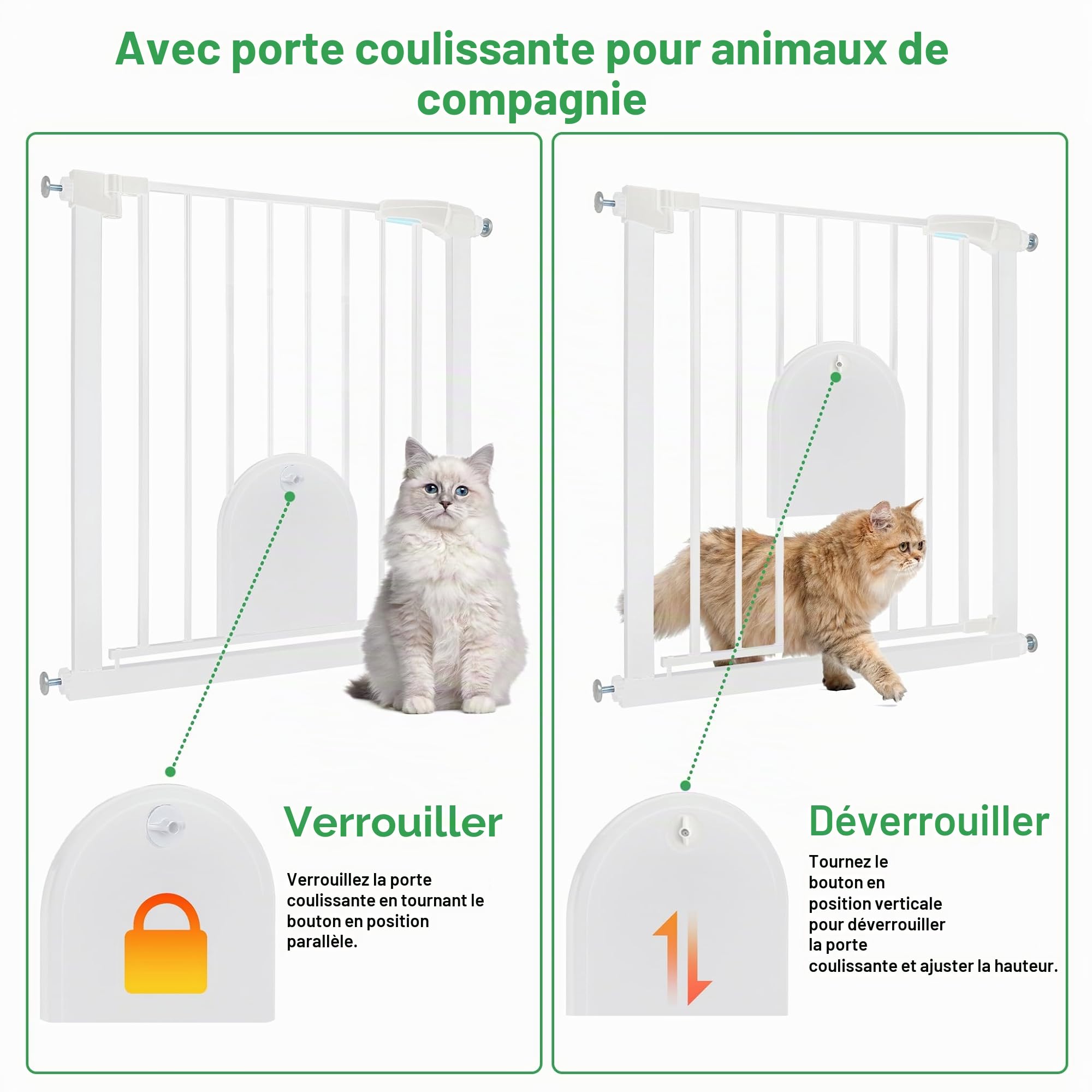 UISEBRT Barrière de sécurité d'escalier, Barrière de sécurité de porte, sans perçage, Barrière d'escalier avec porte pour chat, Porte pour animaux, pour largeurs de 75 à 85 cm, Fermeture automatique
