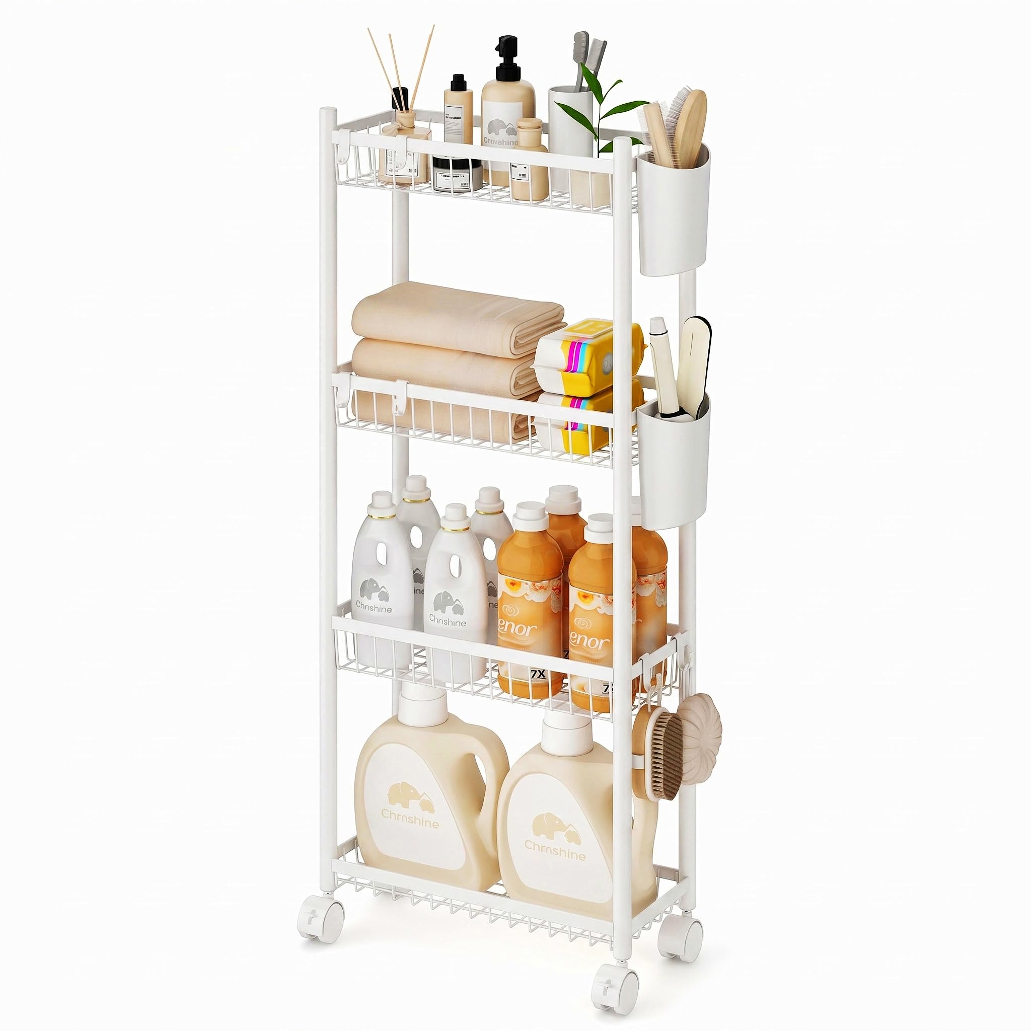 Slim Storage Trolley on Wheels, 4 Tier Narrow Kitchen Trolley, White