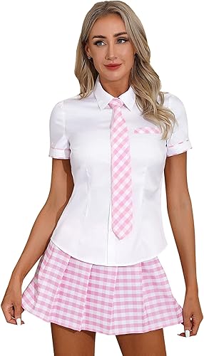 Sywiyi Conjunto de uniforme escolar para mujer y niña, traje de cosplay de manga corta con corbata y falda a cuadros