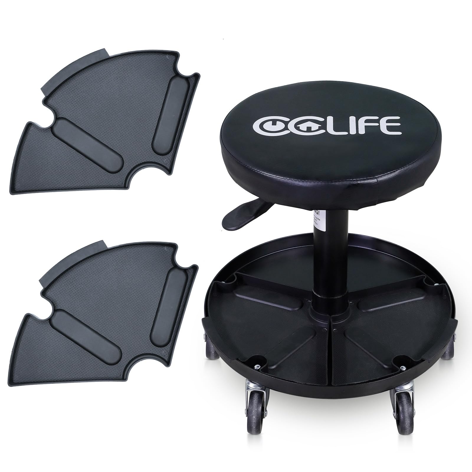 CCLIFE Tabouret d'Atelier à roulettes, 150 kg, Hauteur Réglable 38-50 cm, et 2 Inserts en Plastique Amovibles, Siège de Travail avec Roues pour Mécanicien