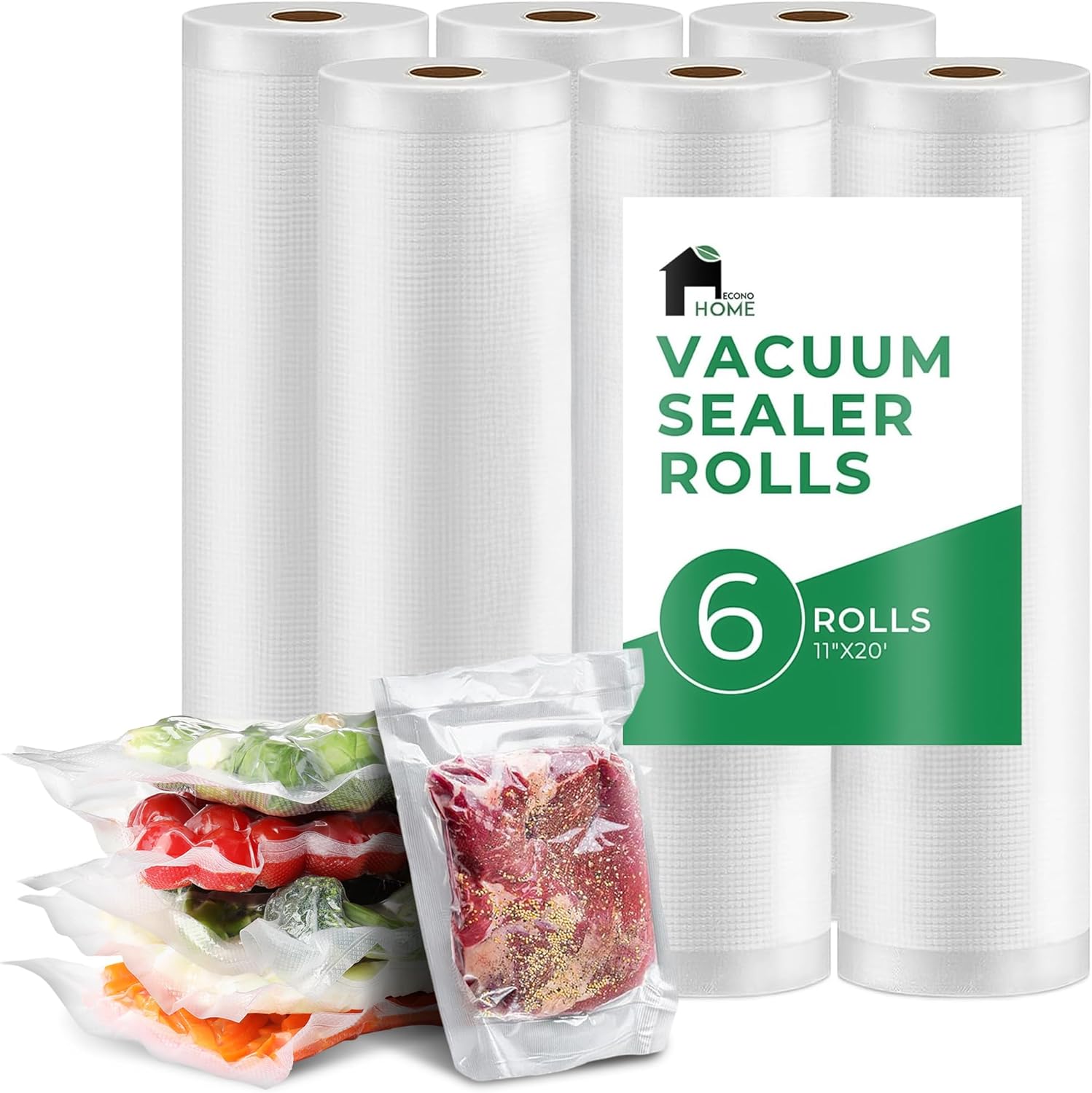 EconoHome 11"x20' Heavy Duty Vacuum Seal Bags for Food 6 Pack - Commercial-Grade, Airtight & Leakproof Plastic Vacuum Storage Bags for Sous Vide, Meal Preparation, Processing & Dry Aging Meat