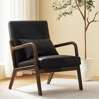 Achicsofar Accent Chair Mid Century Modern Armchair with Lumbar Support Pillow Wood Legs PU Leather Upholstered Lounge Chairs Comfy High Back Cushion for Living Room Bedroom | Solid Wood Frame, Soft Cushion, High Back, Anti Slip Foot Pads, Reading Nook, Living Room, Bedroom, Balcony, Office