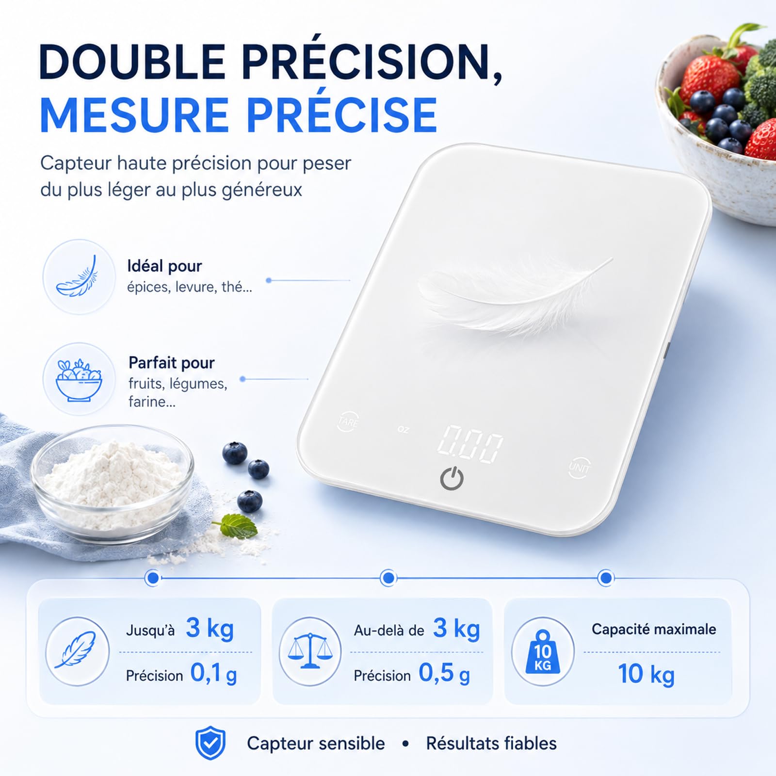 Balance de cuisine intelligente à valeur nutritive – Capacité de pesée : 10 kg – Division : 0,1 g – Bluetooth 5.0 – Mini-programme – Scan de code-barres – Plateau en verre trempé