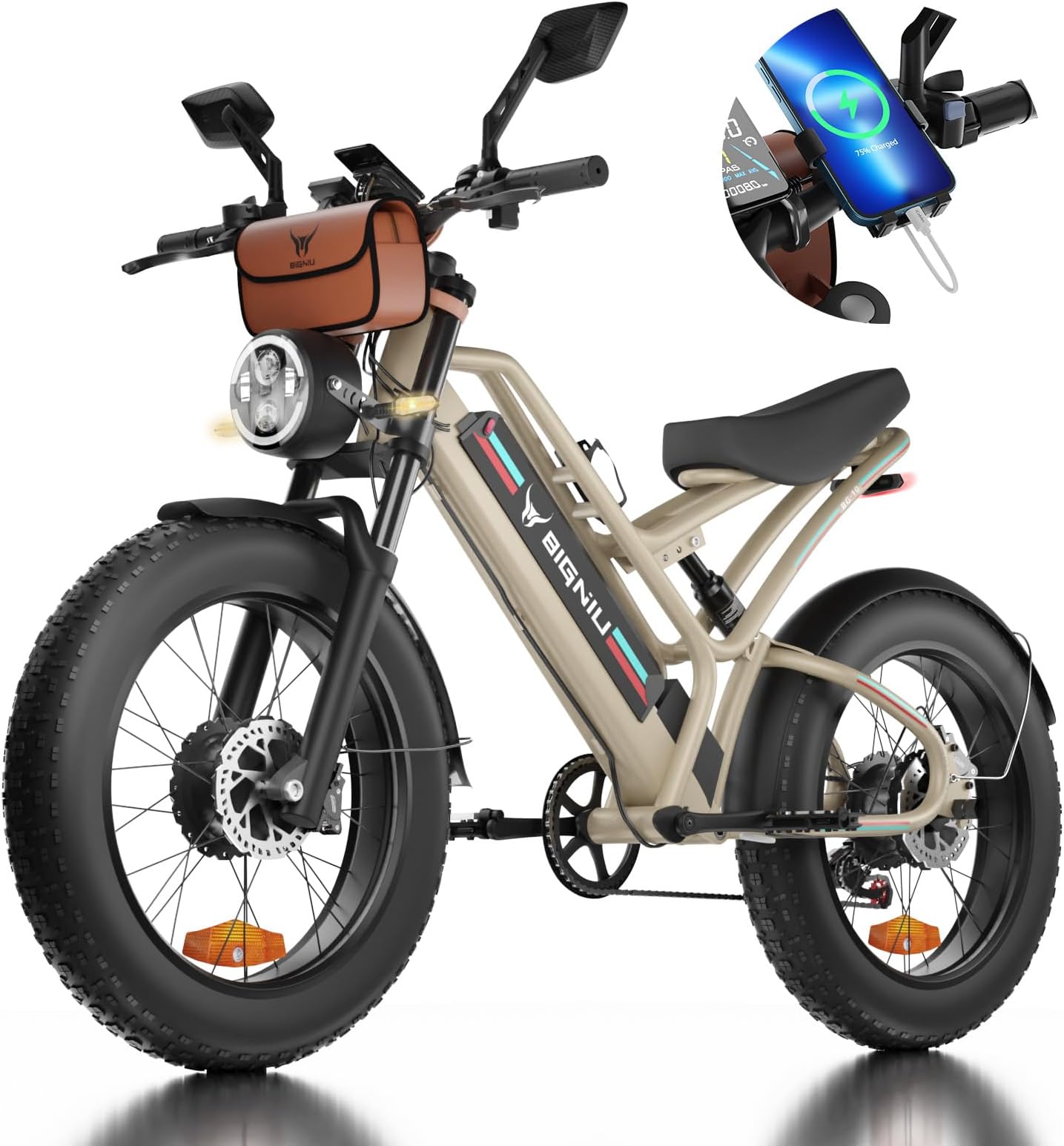 Electric Bike,2000W Dual Brushless Motor, 48V/22.4Ah Removeable Battery Ebike,Front/Rear Turn Signal,Rearview Mirror and 7 Gear Electric Bicycle (Off White)