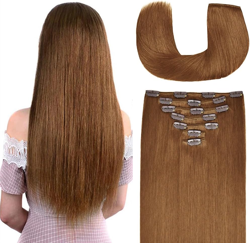22 Inch Clip-in Hair Extensions Remy Human Hair for Women - Soft Handmade Real Human Hair Clip in Extensions, Straight, Thick, 165g 7pcs Chestnut Brown #8 Color