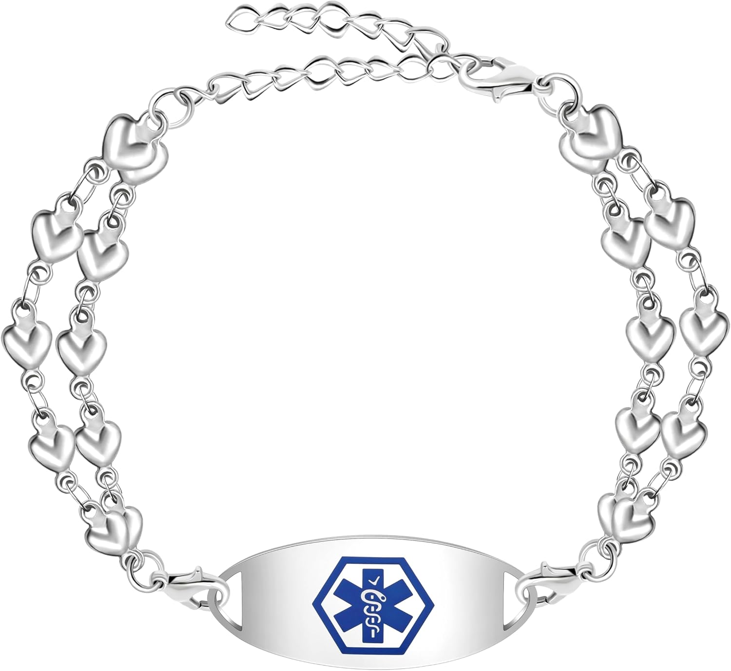Double Love Heart Chain Medical ID Bracelet, Chronic Illness Stainless Steel Health Alert Jewelry Engraved Patient Safety Bracelet Gift for Women Men YA4028