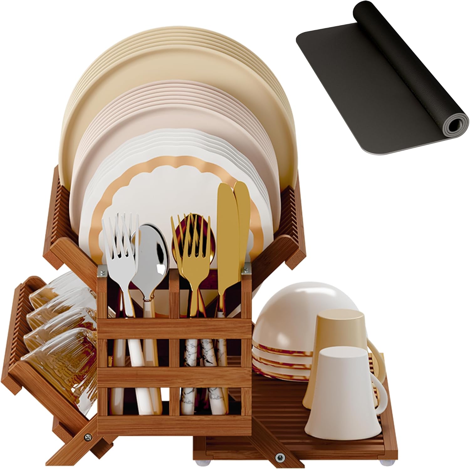 Greenual Teak Dish Drying Rack with Utensil Holder, 3 Tier Collapsible Dish Rack, Wooden Dish Racks for Kitchen Counter, Large Folding Drying Holder with Absorbent Dish Drying Mat Teak 3-Tier+Dish Drying Mat