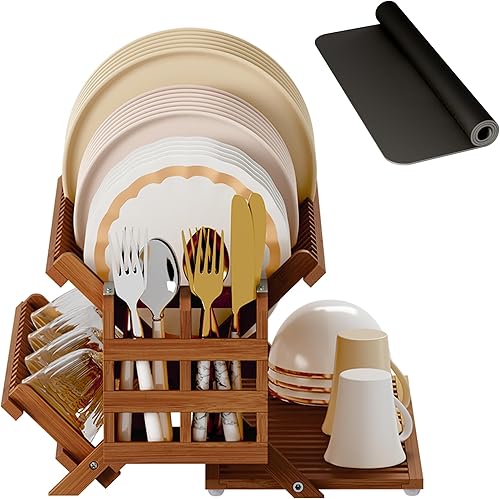 Miniatura 8 de Greenual Escurridor de platos de bambú con soporte para utensilios, estante plegable de 3 niveles, estantes de madera para encimera de cocina,
