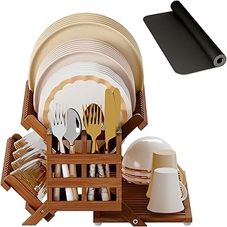 Greenual Teak Dish Drying Rack with Utensil Holder, 3 Tier Collapsible Dish Rack, Wooden Dish Racks for Kitchen Counter, Large Folding Drying Holder with Absorbent Dish Drying Mat