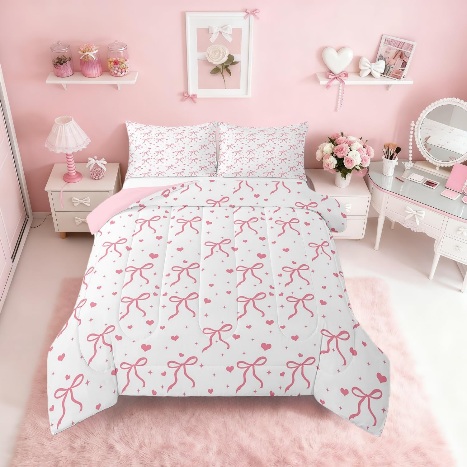 Erosebridal Pink Bowknot Queen Size Comforter Set, Kawaii Bow Knot Bedding Set for Kids Girls Teens Women Bedroom, Dreamy Princess Bow-Tie Down Comforter, Cute Love Heart Duvet Insert