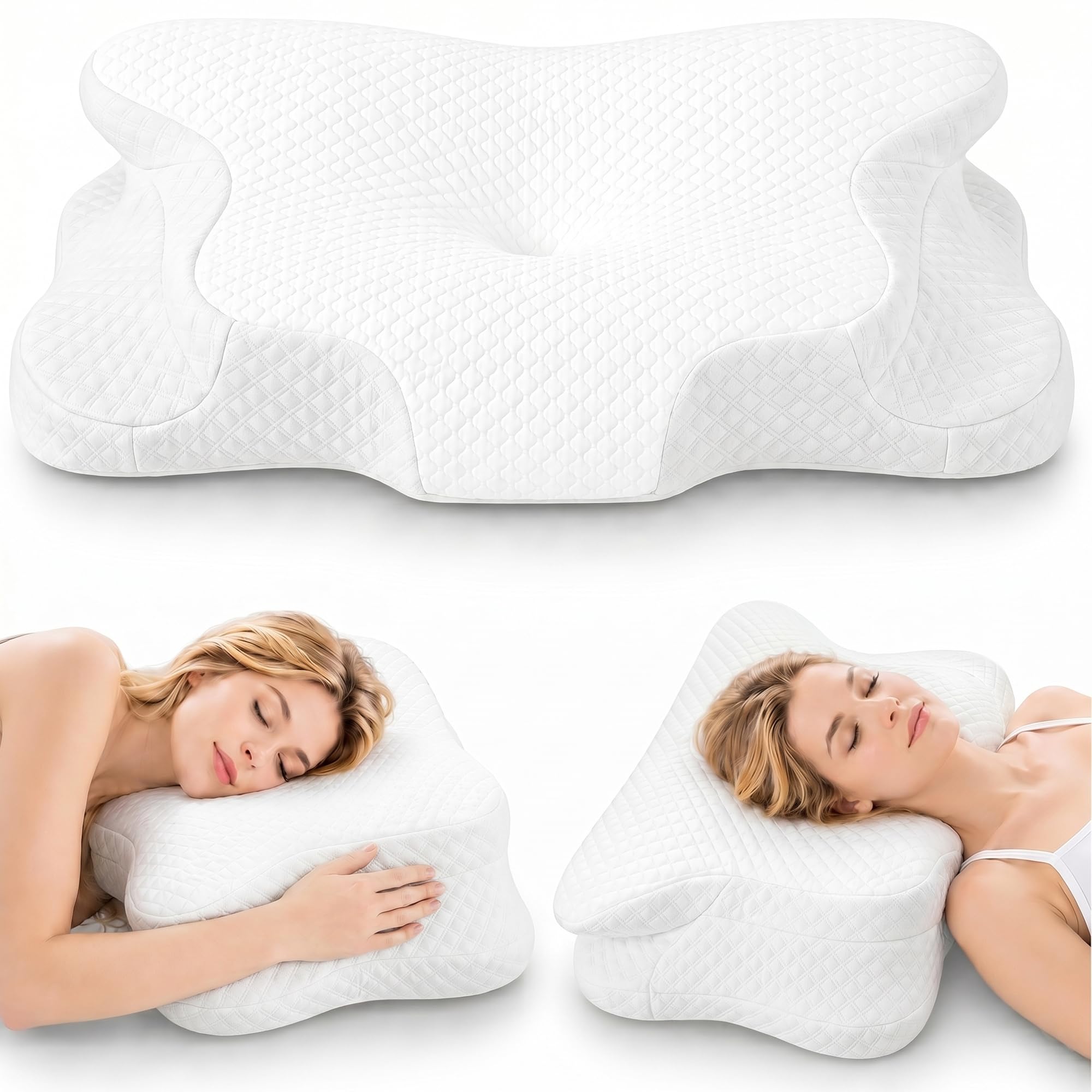 Flowen Almohada Cervical y Cuello Espuma Viscoelástica | Almohadas Cervicales Ergonómica para Dormir de Lado | Cojín Antironquidos Soporte Nuca Hombro | Dolores de Cuello | Funda Lavable Transpirable