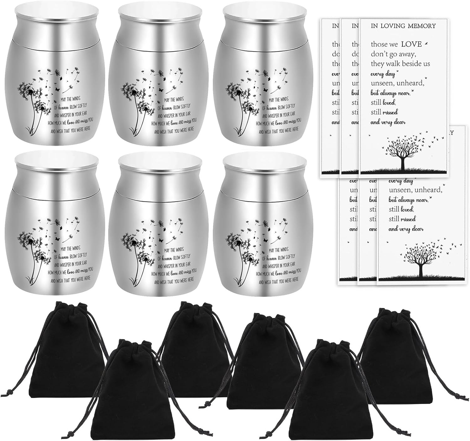 6 Set Small Urns for Ashes Cremation Urns 1.57 Inch Silver Ashes Keepsake Funeral Urn with Memorial Cards and Velvet Bag for Human Pet Ash (Dandelion)