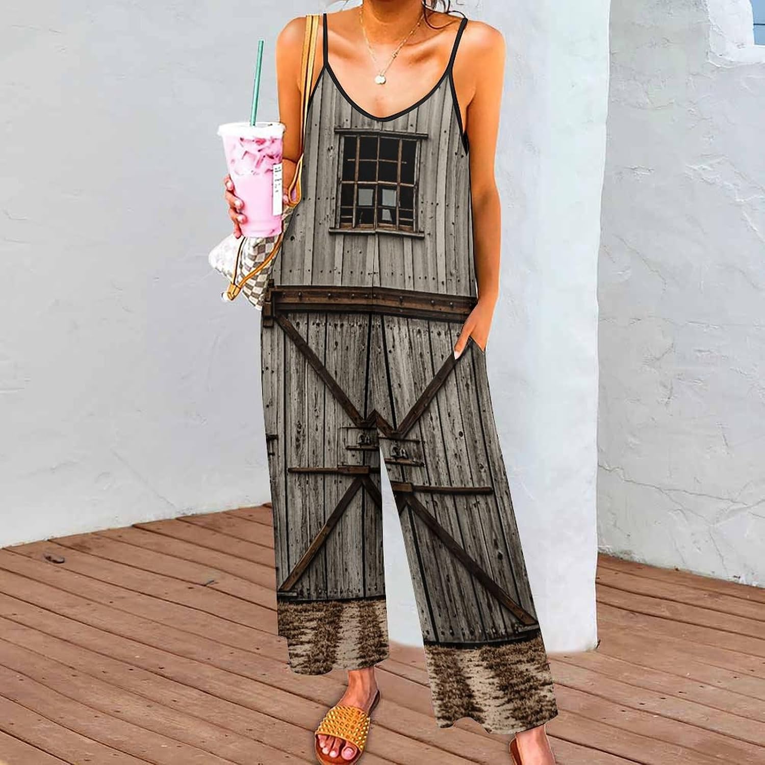 Jumpsuits for Women Vintage Old Barn Door Romper Adjustable Strap Sleeveless Casual Loose Overalls 2XL