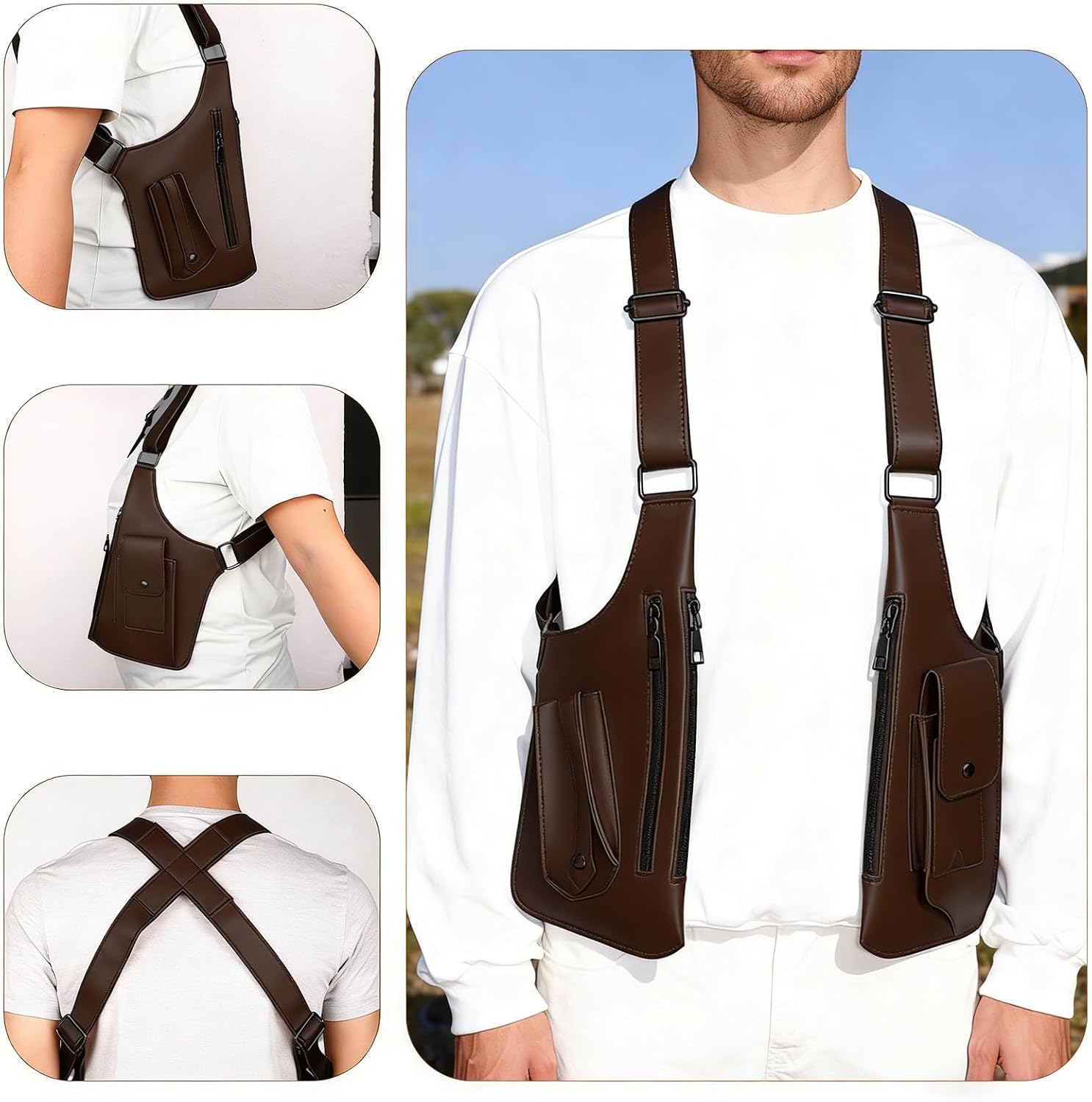 Underarm Shoulder Bag for Men,Premium Leather Double Armpit Bag with Adjustable Strap Anti Theft Pickpocke (Coffee Brown)