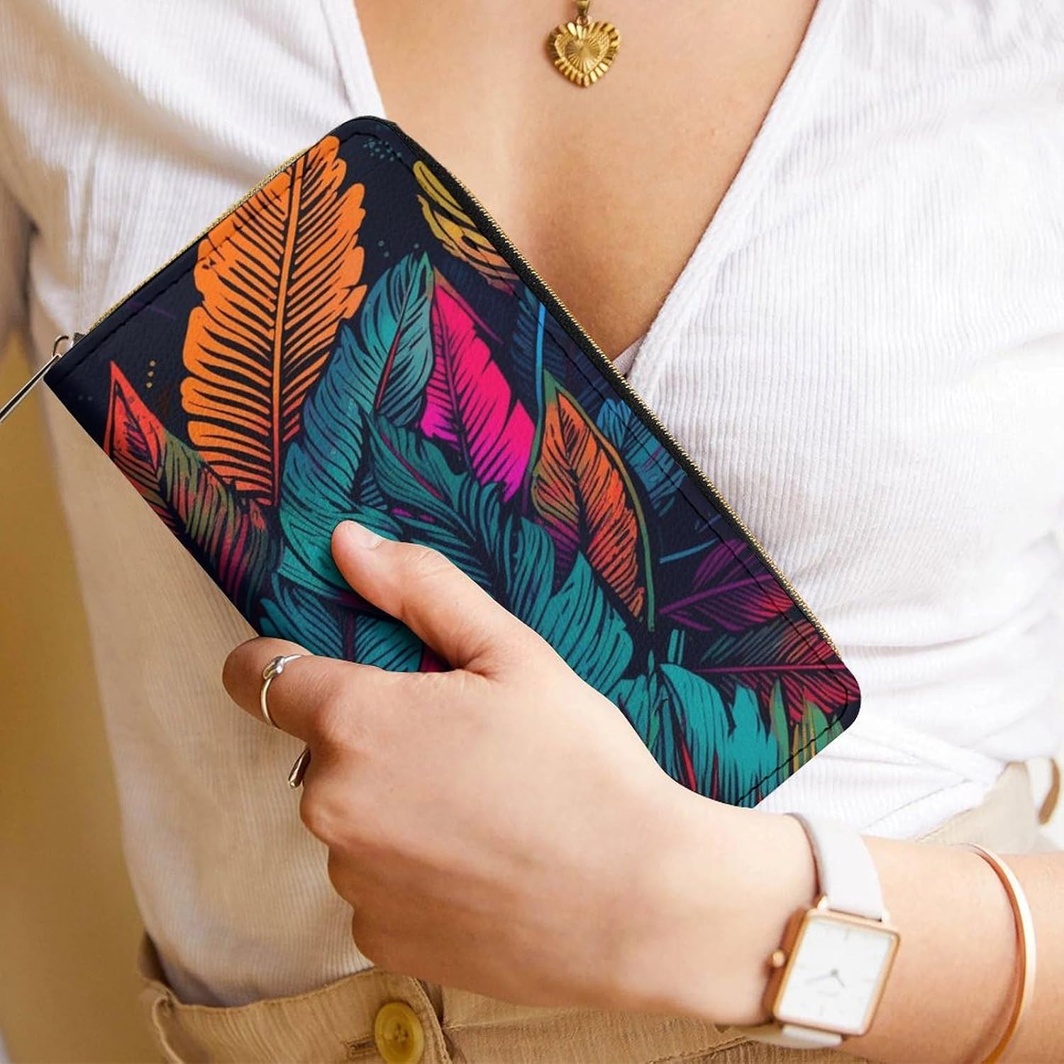 Leather Clutch Wallet with Zip, Hand Strap Colorful Tropical Leaves Pattern Wallet Purses And Handbags for Women, Large Capacity