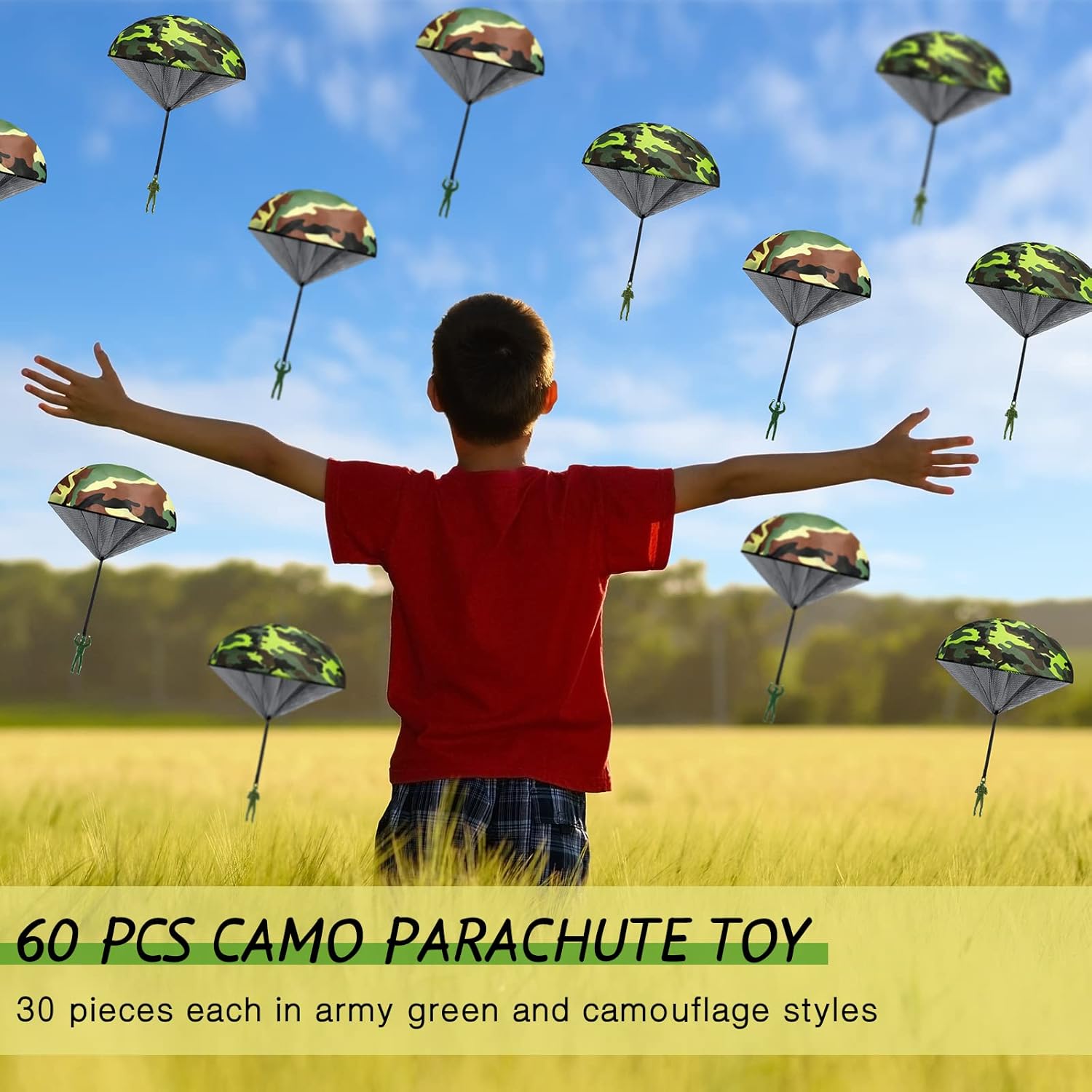 60 Pcs Army Camo Parachute Toys Hand Throwing Camo Parachute Men Toy Plastic Soldiers Army Toy Parachute Army Action Figures Hand Throw Outdoor Flying Gifts for Boys Girls Outdoor Party Game, 2 Styles - Image 5