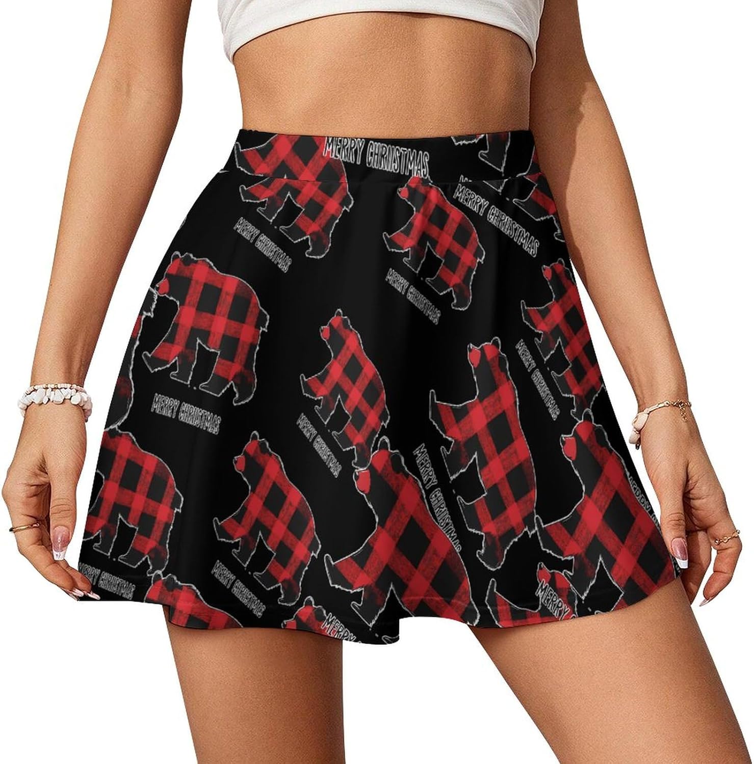 Red Black Christmas Bear Women Tennis Skirt Print Golf Skirts Mini Casual Workout Skorts