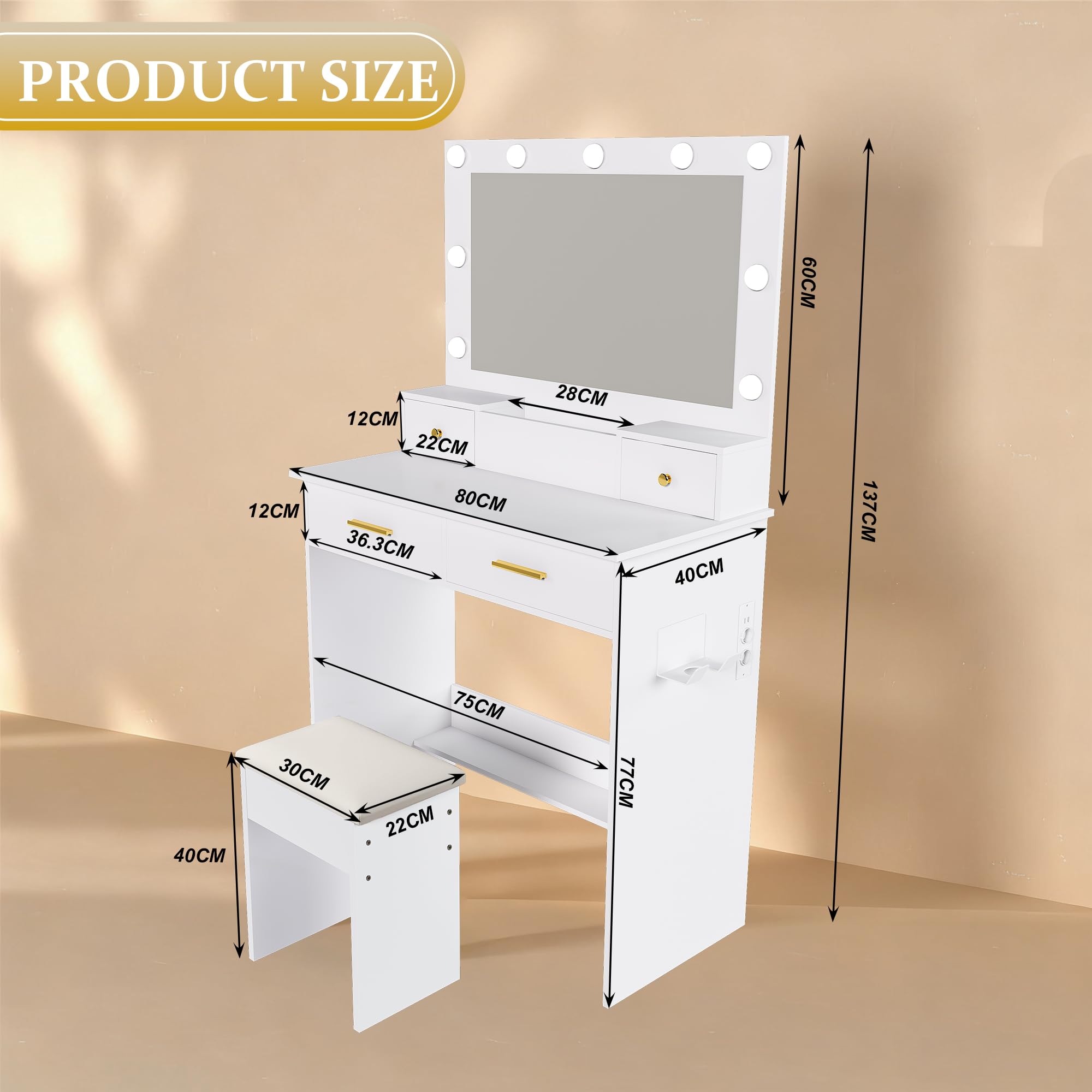Schminktisch mit Beleuchtung, Hocker und Steckdose, 4 Schubladen, 80 cm