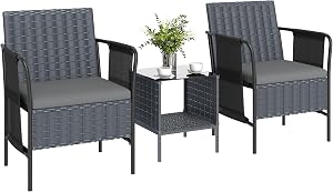 Outsunny 3 Piece Wicker Patio Furniture Set, Outdoor Bistro Set with Mesh Seat, Side Pockets, 2 Tier Glass Table, Cushions, Outdoor Conversation Furniture for Balcony Porch, Grey