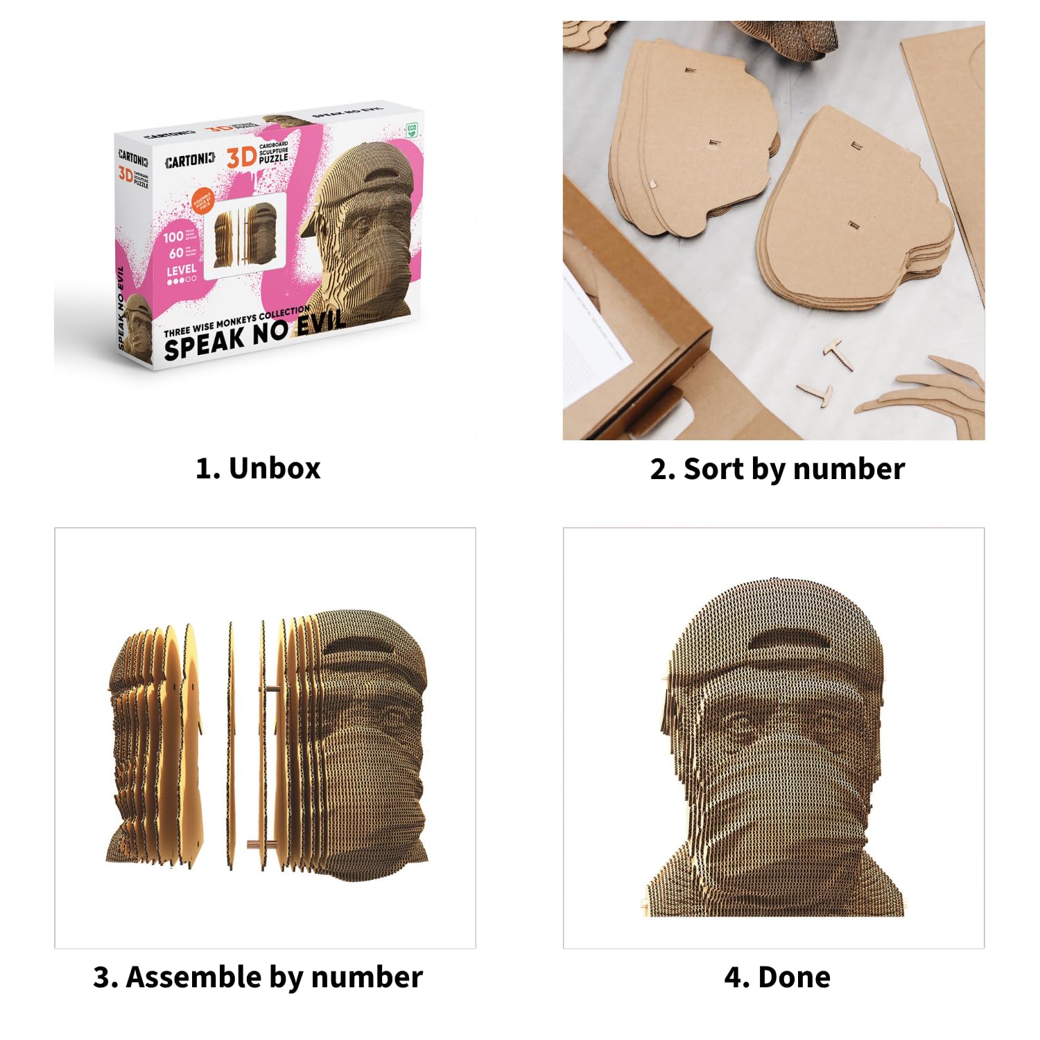 CARTONIC AFFE Nichts Sagen 3D-Puzzle aus Karton – Skulptur-Bausatz