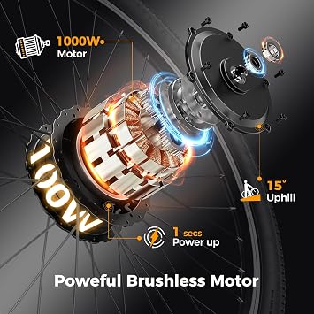 Jasion EB5 Electric Bike for Adults with Peak 1000W Brushless Motor, 40Miles 20MPH Commuting Electric Mountain Bike with 500Wh Removable Battery, 7-Speed, 26 Tires and Front Fork Suspension