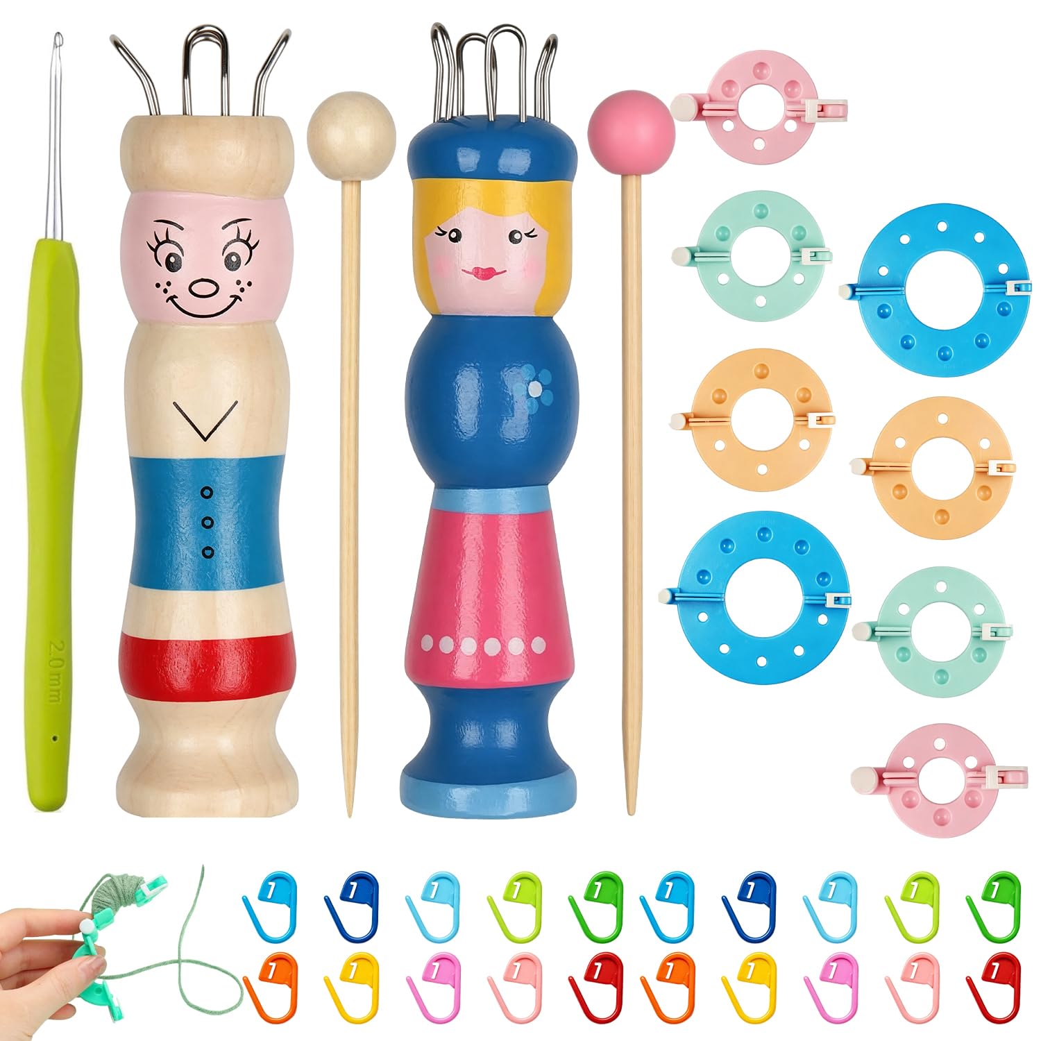 Juego de 2 piezas de azulejo de madera para tejer con manivela con pompones, aguja de ganchillo y marcadores de punto, juego de punto para principiantes, ideal para tejer con lana y
