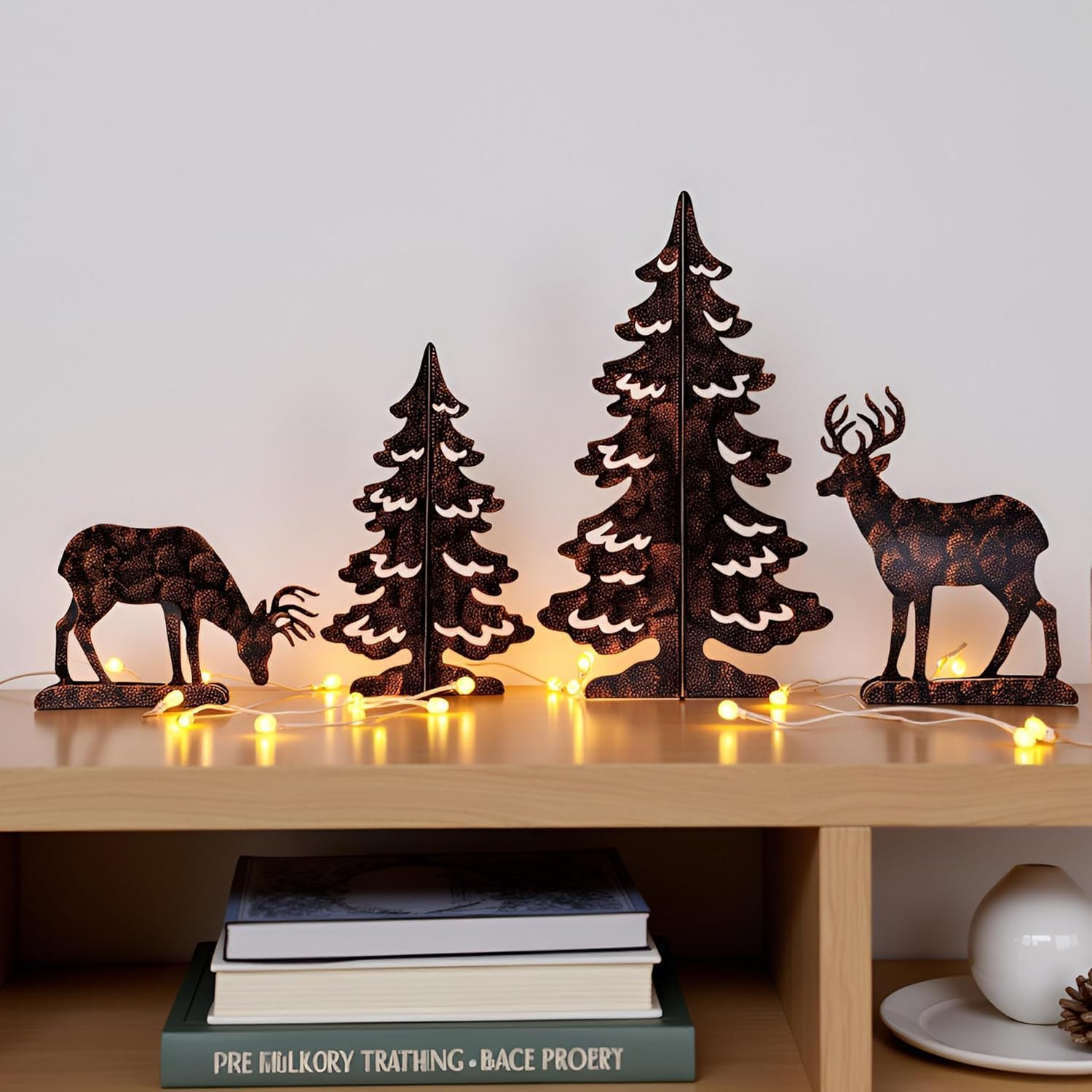 YULETIME 4-Piece Metal Christmas Reindeer and Tree Scene Silhouette Set, Winter Forest Deer & Spruce Landscape Holiday Tabletop Ornament