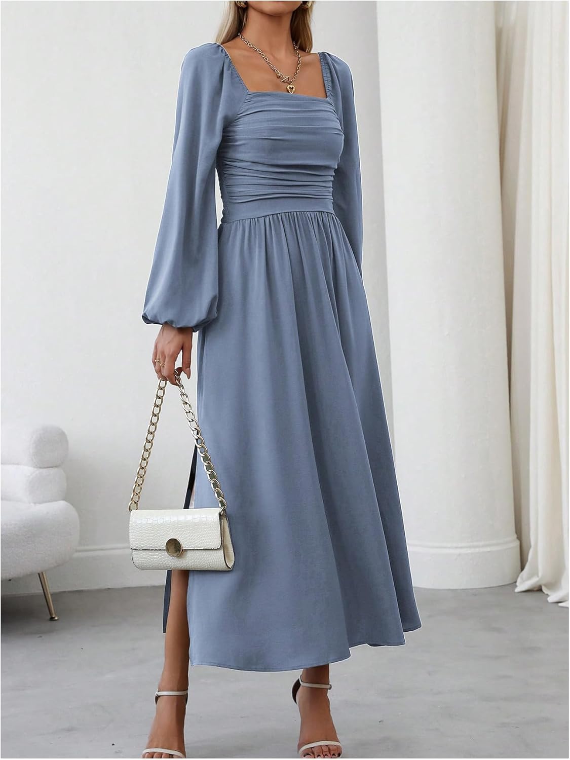 Floerns Women's Square Neck Lantern Long Sleeve Dress Split Ruched Party Midi Dresses - Image 3