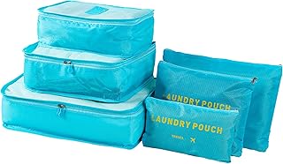مجموعة شنط تخزين بسوستة على شكل مكعبات للسفر والرحلات والتخزين المنزلي (6 قطع، ازرق فاتح)، نايلون