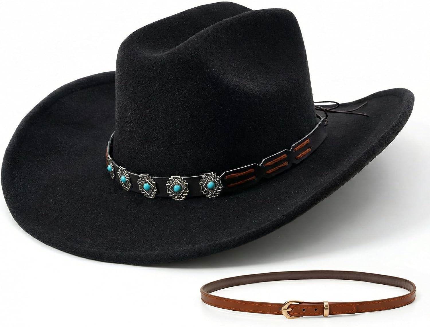 Western Cowboy Hat for Women, Shapable Wide Brim Felt Cowgirl Hat with 2 Bands for Party/Festival