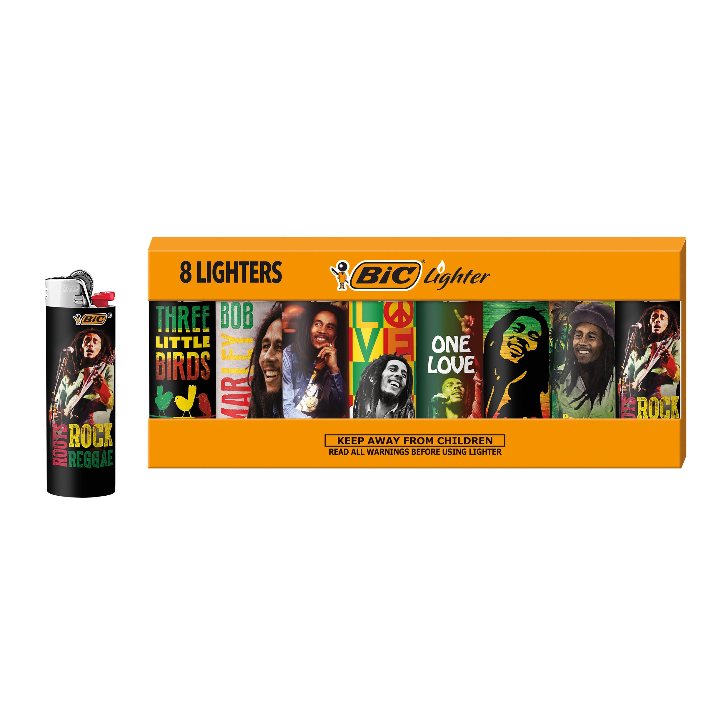 BIC Maxi Pocket Lighter Special Edition Bob Marley Collection Assorted Unique Lighter Designs 8 Count Pack of Lighters