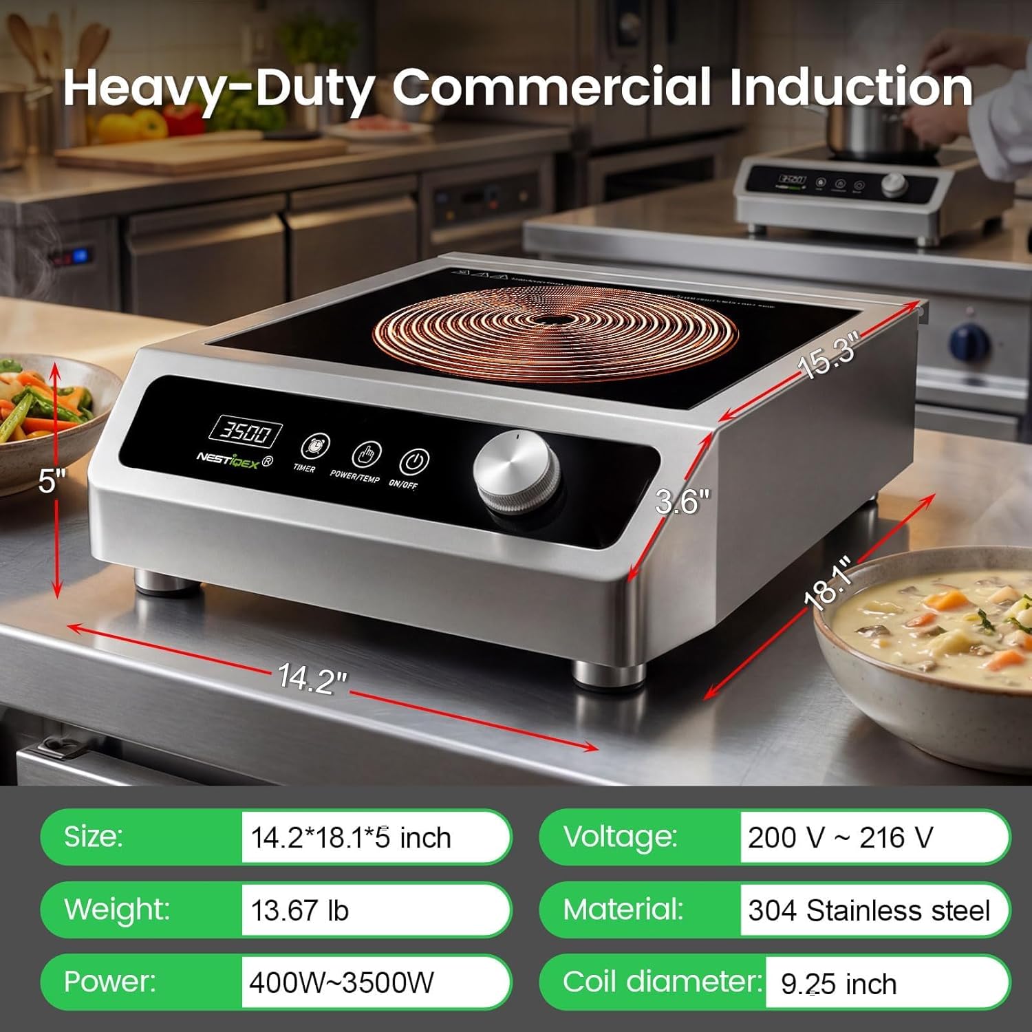 Commercial Induction Cooktop 3500W 208V 3-Phase Technical Large Induction Burner 20 Power Level 24h Timer Electric Stove Countertop Burners for Restaurant School Hotel