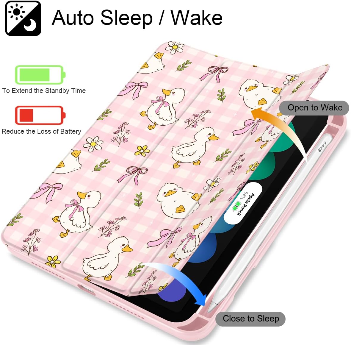 for Slim Case for iPad mini 7 (A17 Pro, 7th Generation) 2024 / iPad mini 6 (6th Gen) 8.3 Inch, [Built-in Pencil Holder] Clear Back Shell + Auto Wake/Sleep, Duck & Bow